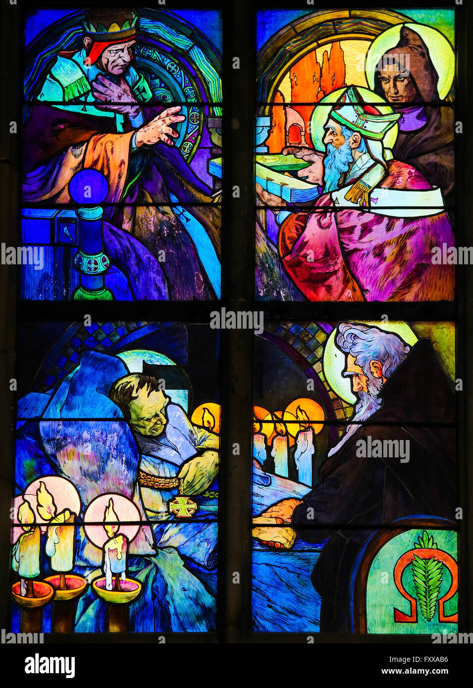 PRAGUE, CZECH REPUBLIC - APRIL 2, 2016: Stained Glass window in St. Vitus Cathedral, Prague, designed by Alphonse Mucha, depicti Stock Photo