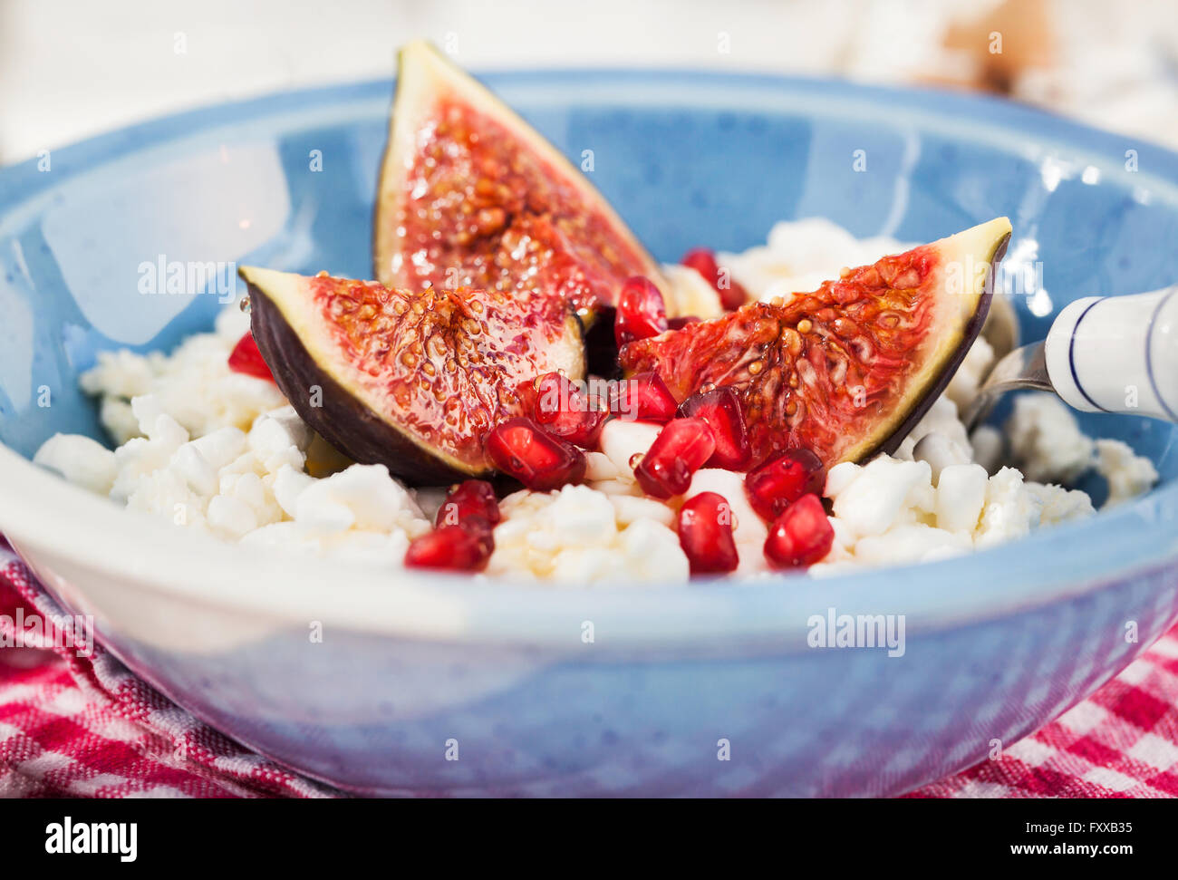 Breakfast with cottage cheese, figs, pomegranate and honey Stock Photo