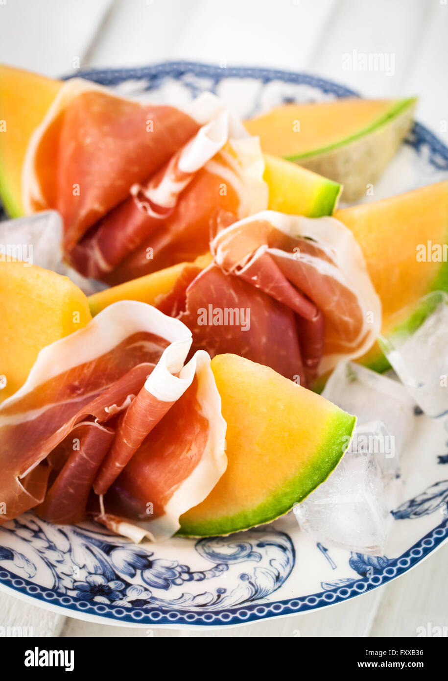 Prosciutto with cantaloupe melontraditional Italian appetizer Stock
