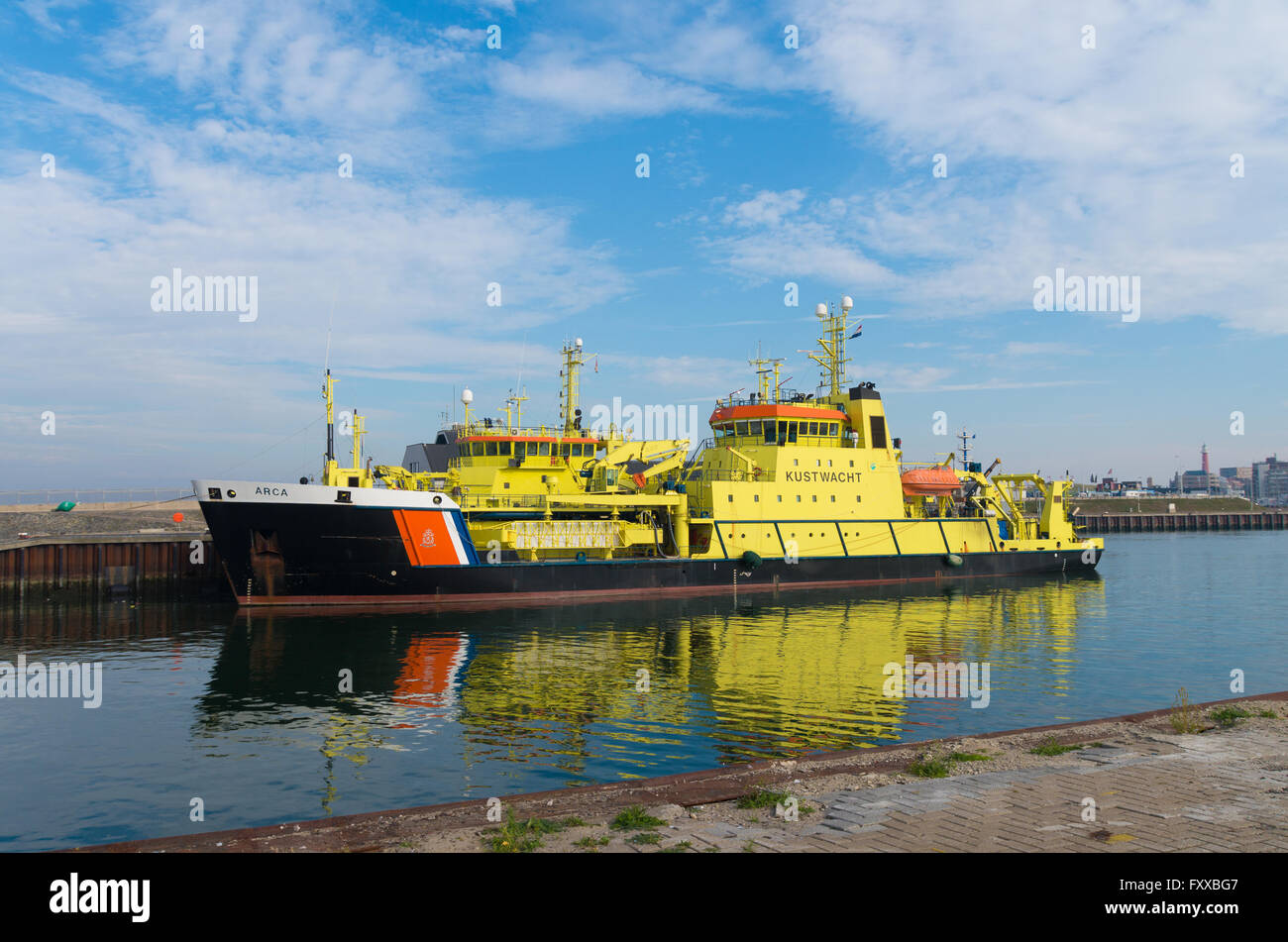 SCHEVENINGEN, NETHERLANDS - OCTOBER 3, 2015: Dutch coast guard ship ARCA in the scheveningen harbor Stock Photo