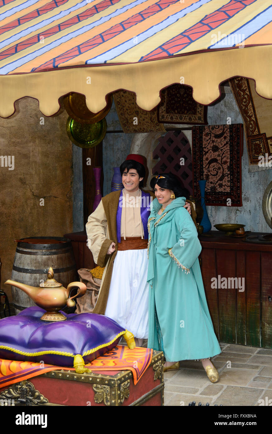 Aladdin and jasmine at Adventure land disneyland paris france with genie lamp Stock Photo