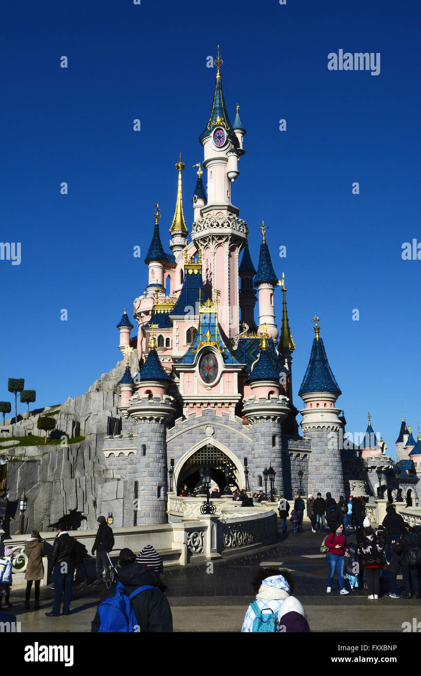 Cinderellas Castle at Disneyland Paris blue sky and sunlit Stock Photo
