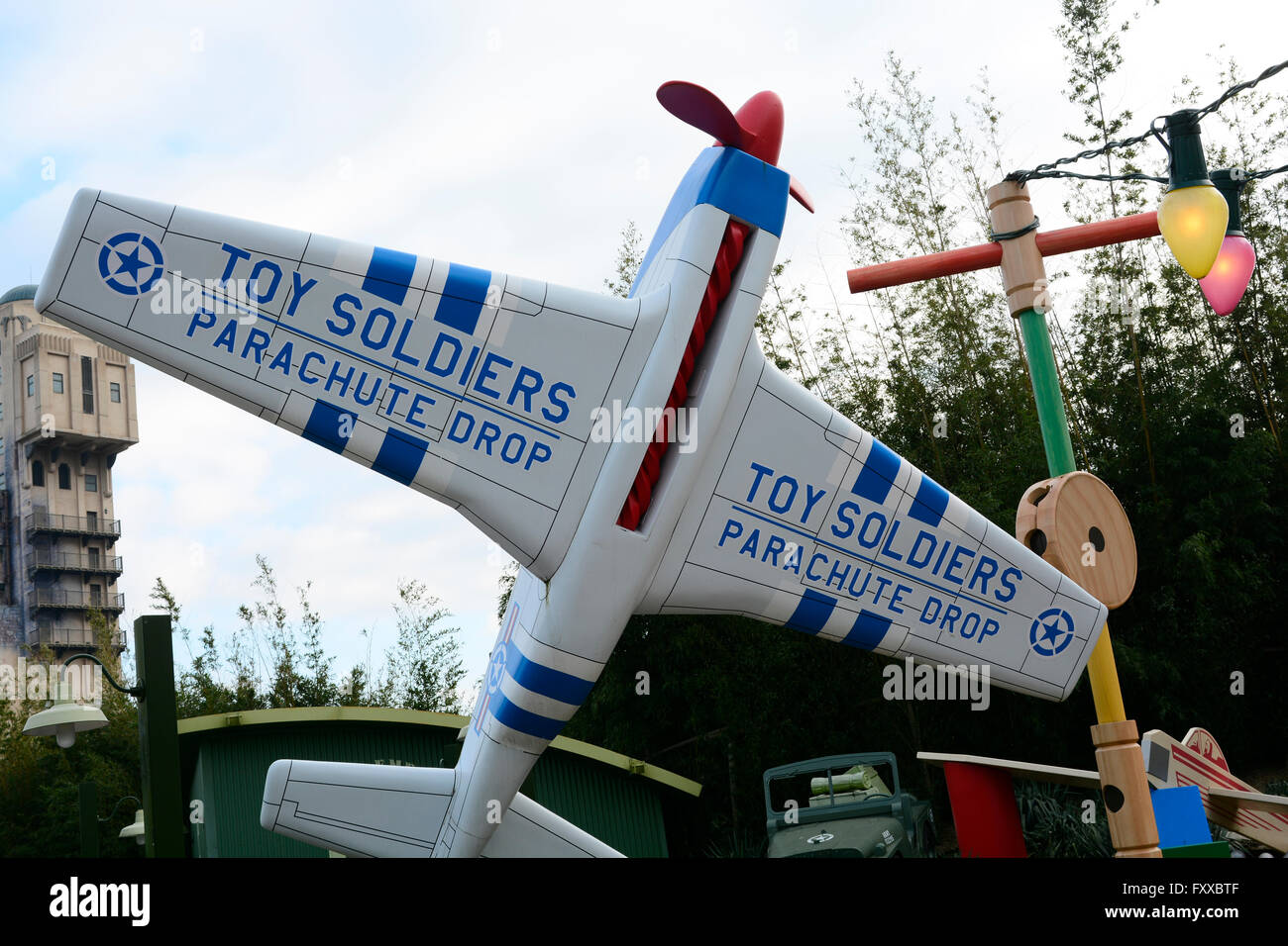 toy soldiers parachute drop plane - Disneyland Paris - France Stock Photo