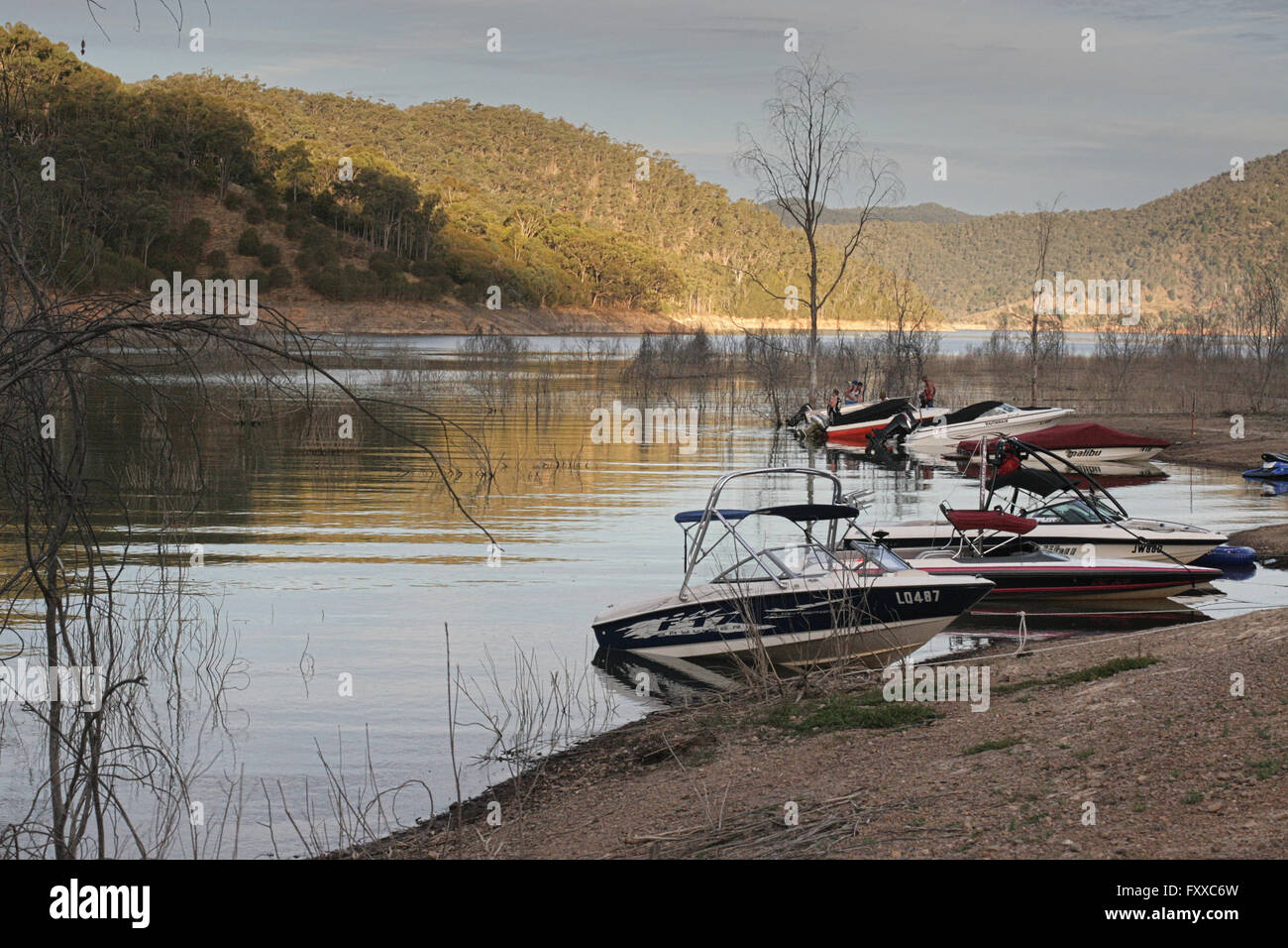 Low water level at Lake Eildon, Australia, empty boats on the shore at