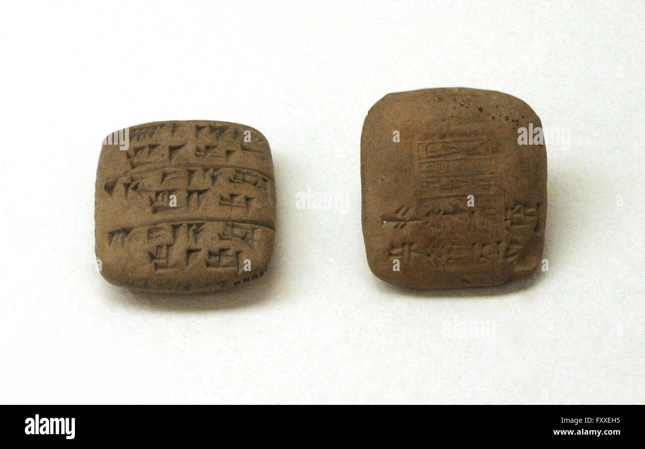 Sumer. Mesopotamia. Near East. Ur III Period (22th-21th century BC). Ruled tablet and the sealed tablet: Administrative documents. Umma, Iraq. The State Hermitage Museum. Saint Petersburg. Russia. Stock Photo