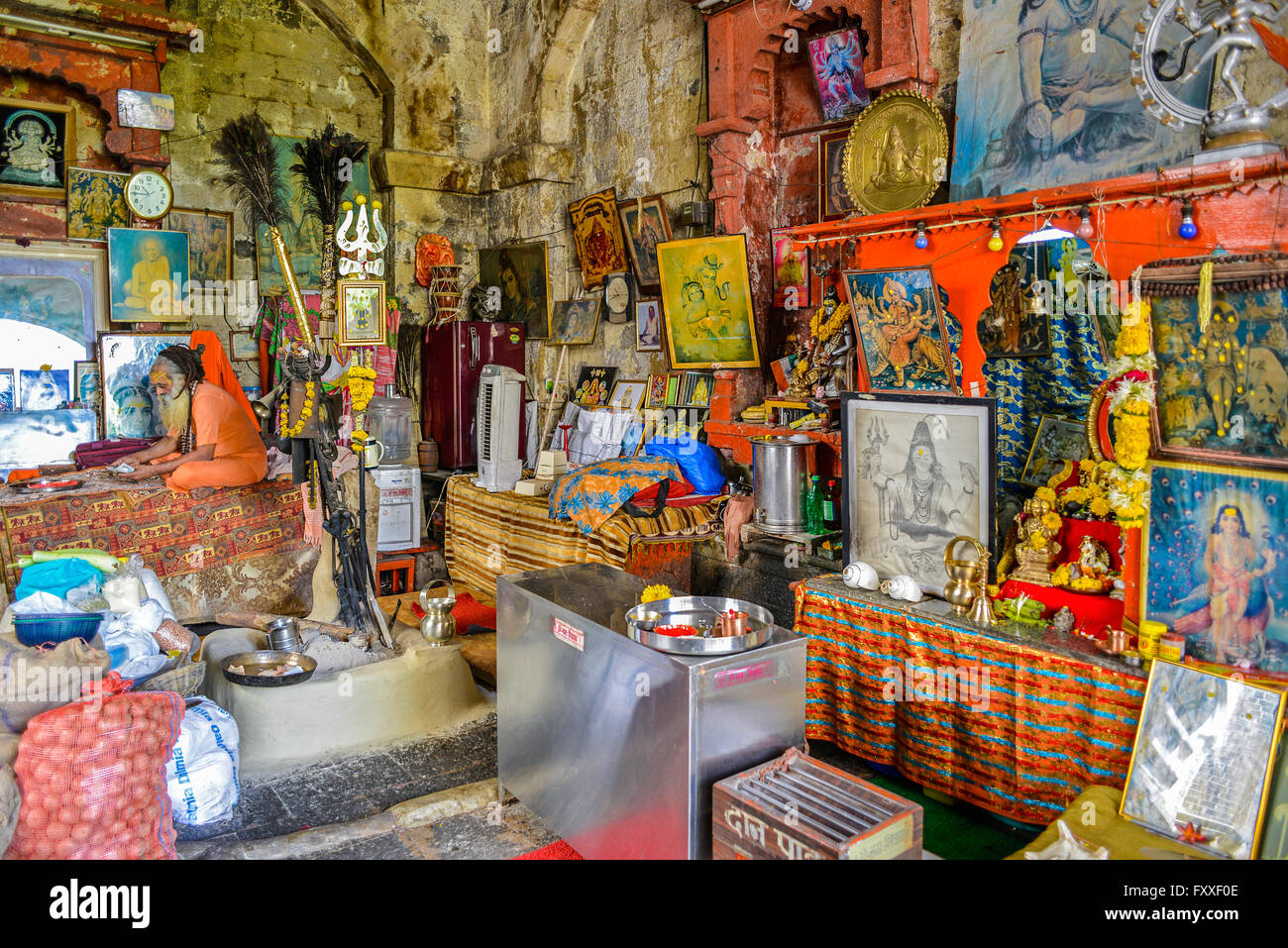 | India Mumbai Bombay The living quarters of an ascetic at Babulnath Temple Stock Photo
