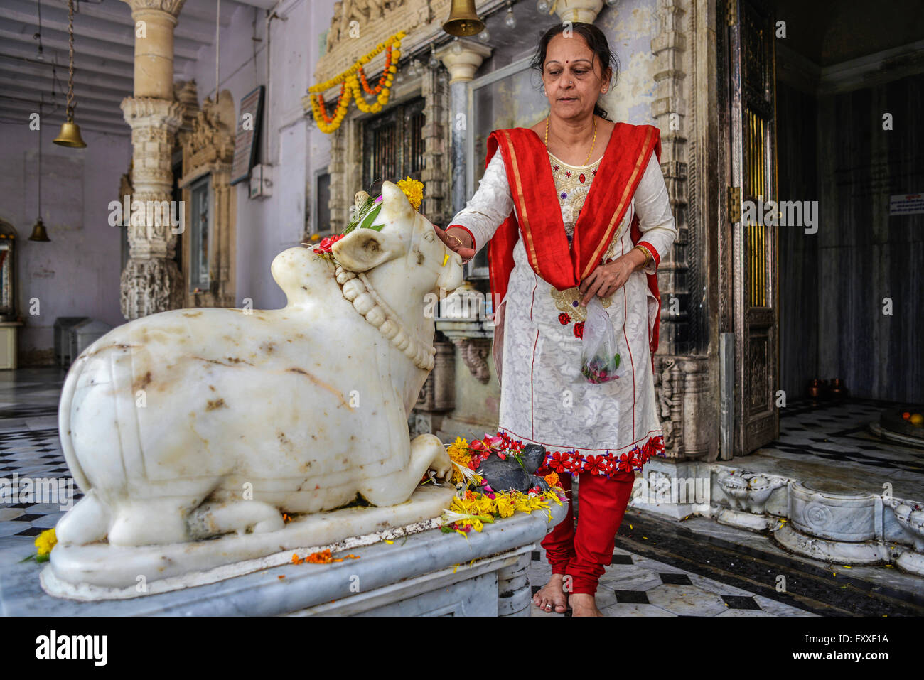 India Mumbai Bombay A devotee in front of the sacred bull Nandi at Babulnath Temple Stock Photo