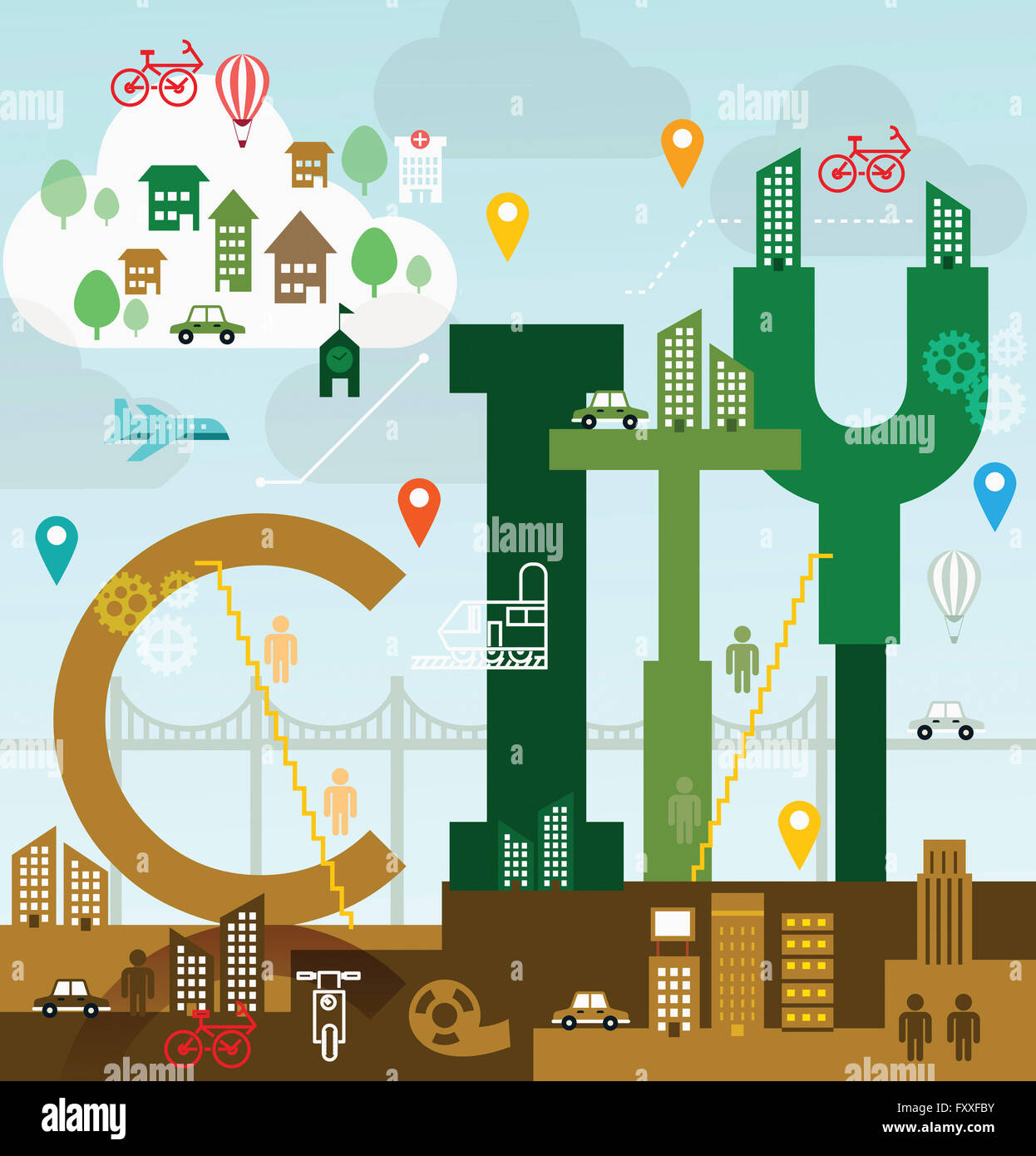 Typographic word of CITY with infographic icons of people, buildings ...