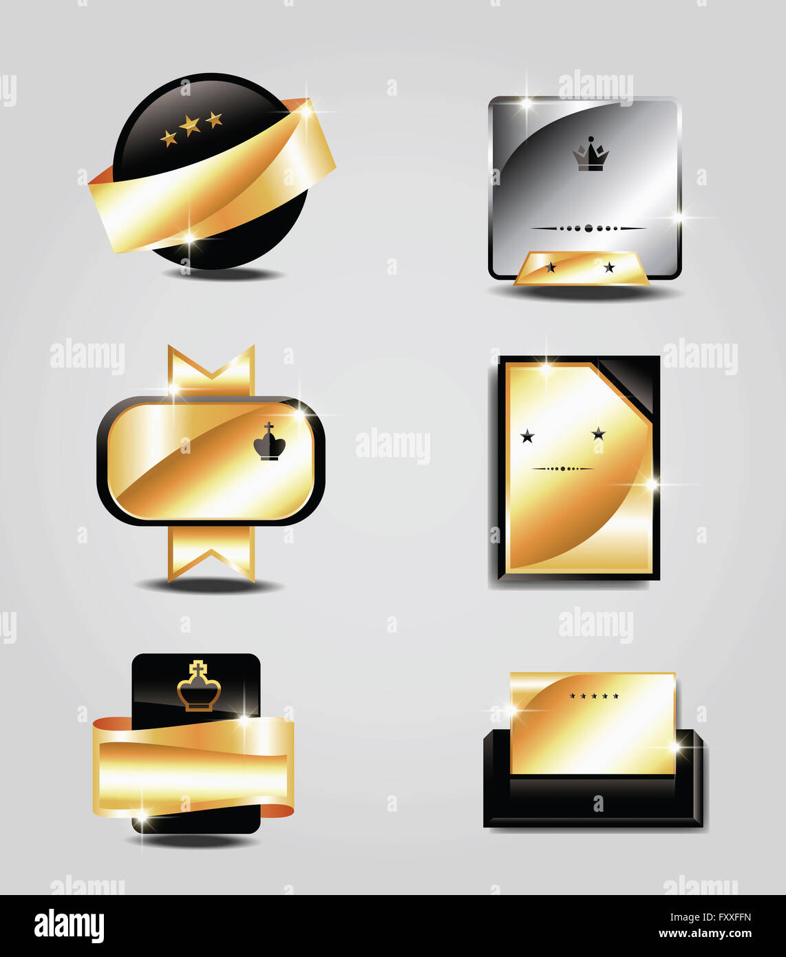 Set of various glittering labels with stars or crown Stock Photo