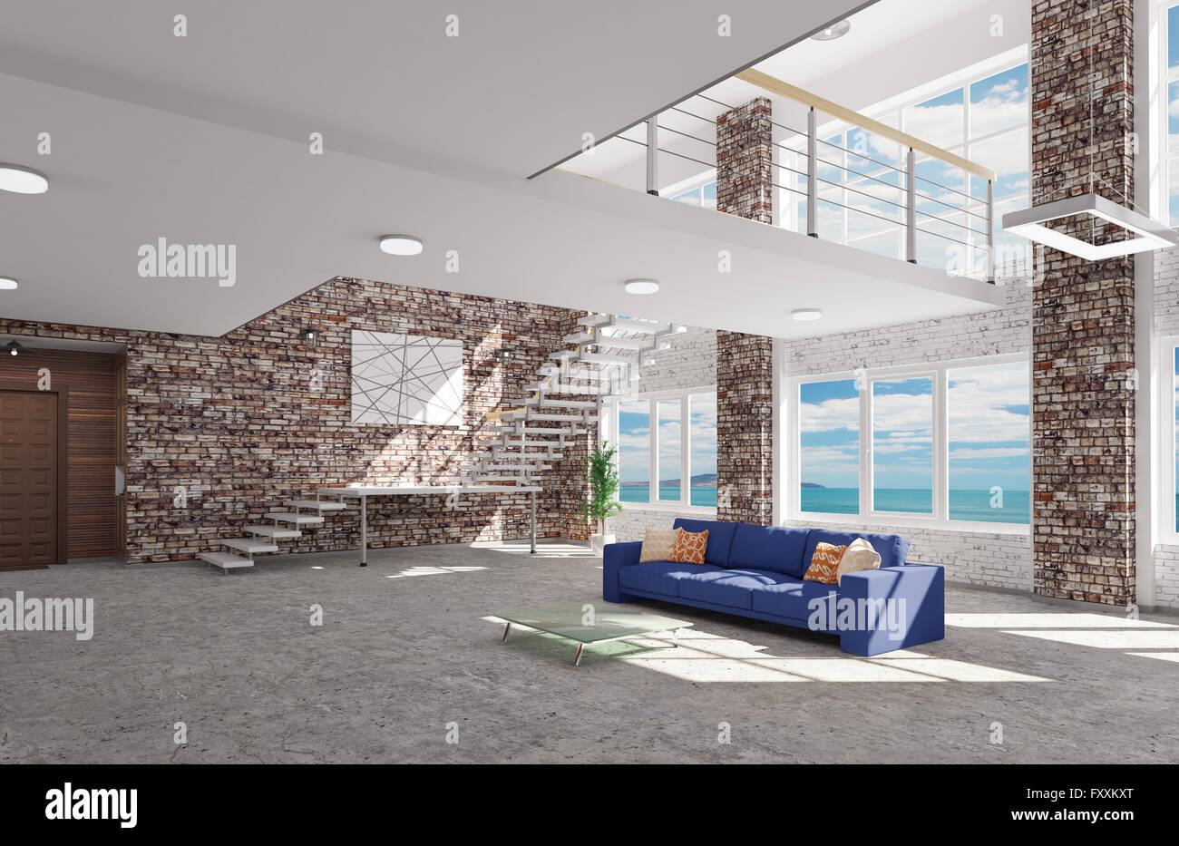Interior of modern living room with blue sofa 3d rendering Stock Photo ...