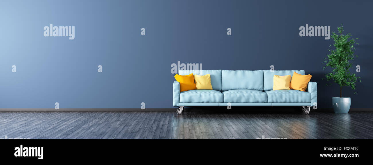 Interior of modern living room with blue sofa panorama 3d rendering ...