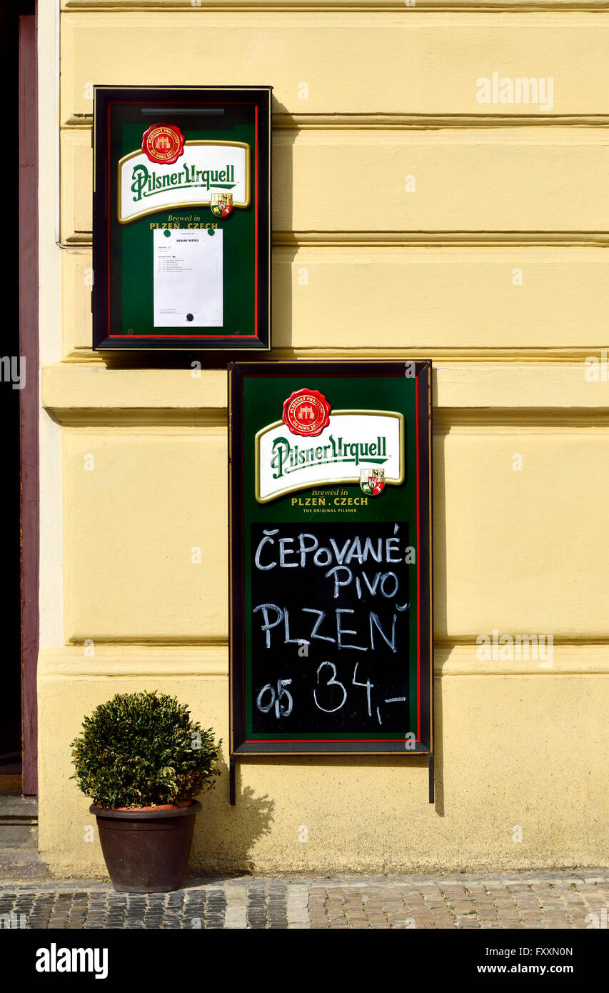 Prague, Czech Republic. Menu outside restaurant / pub: Cepovane pivo (= draught beer) 34Kc Stock Photo
