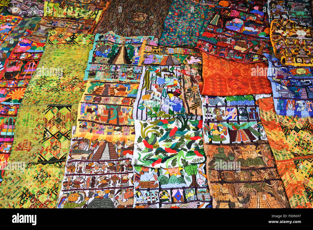 Decorative carpets at the market of Santiago de Atitlan on Guatemala Stock Photo