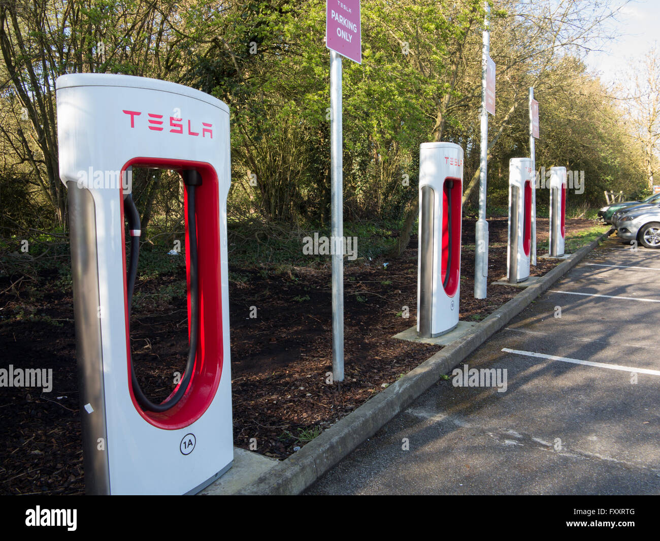 Tesla electric car charging points on M11 services Birchanger Green Stock Photo