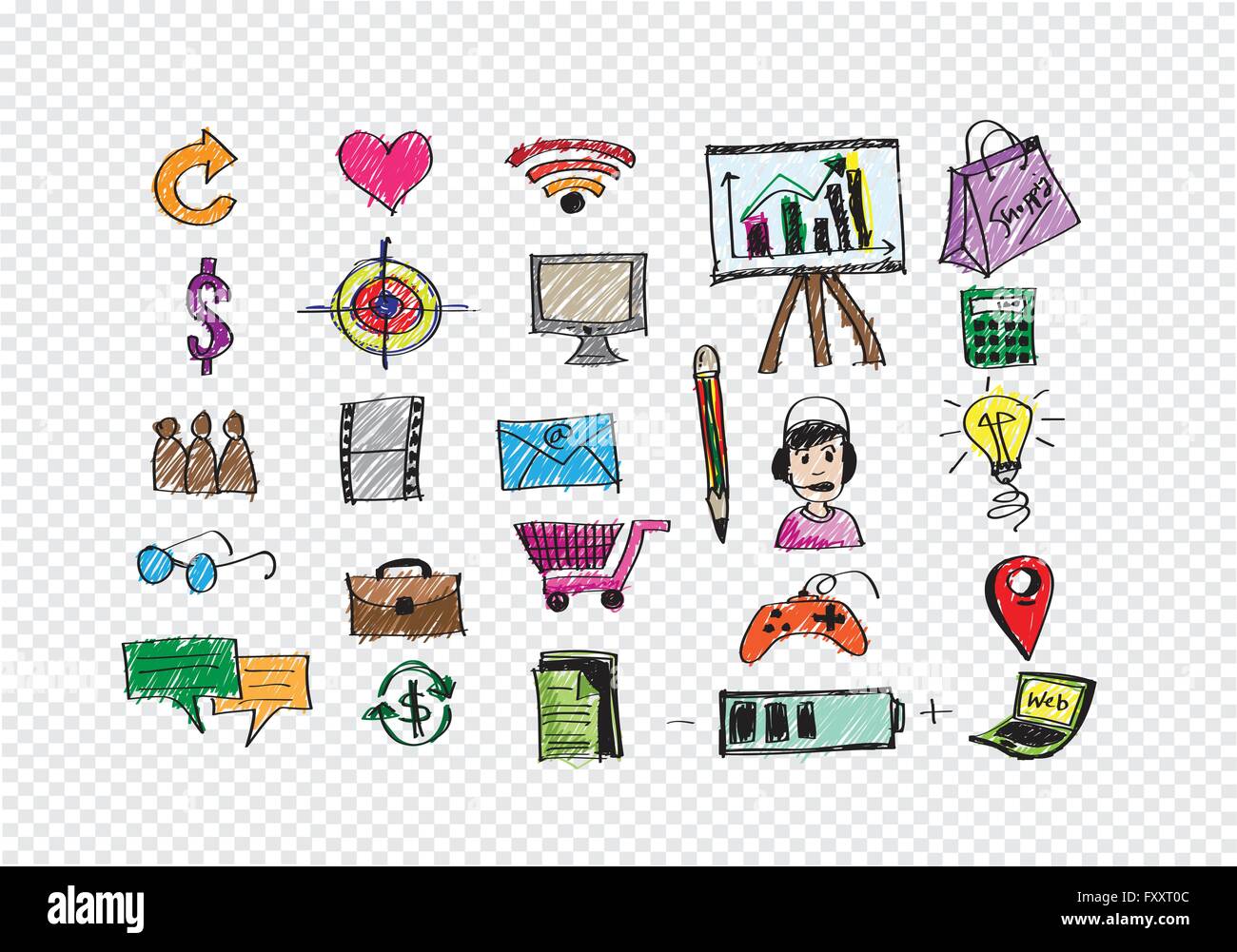 Hand doodle Business icon set idea design on transparent background ...