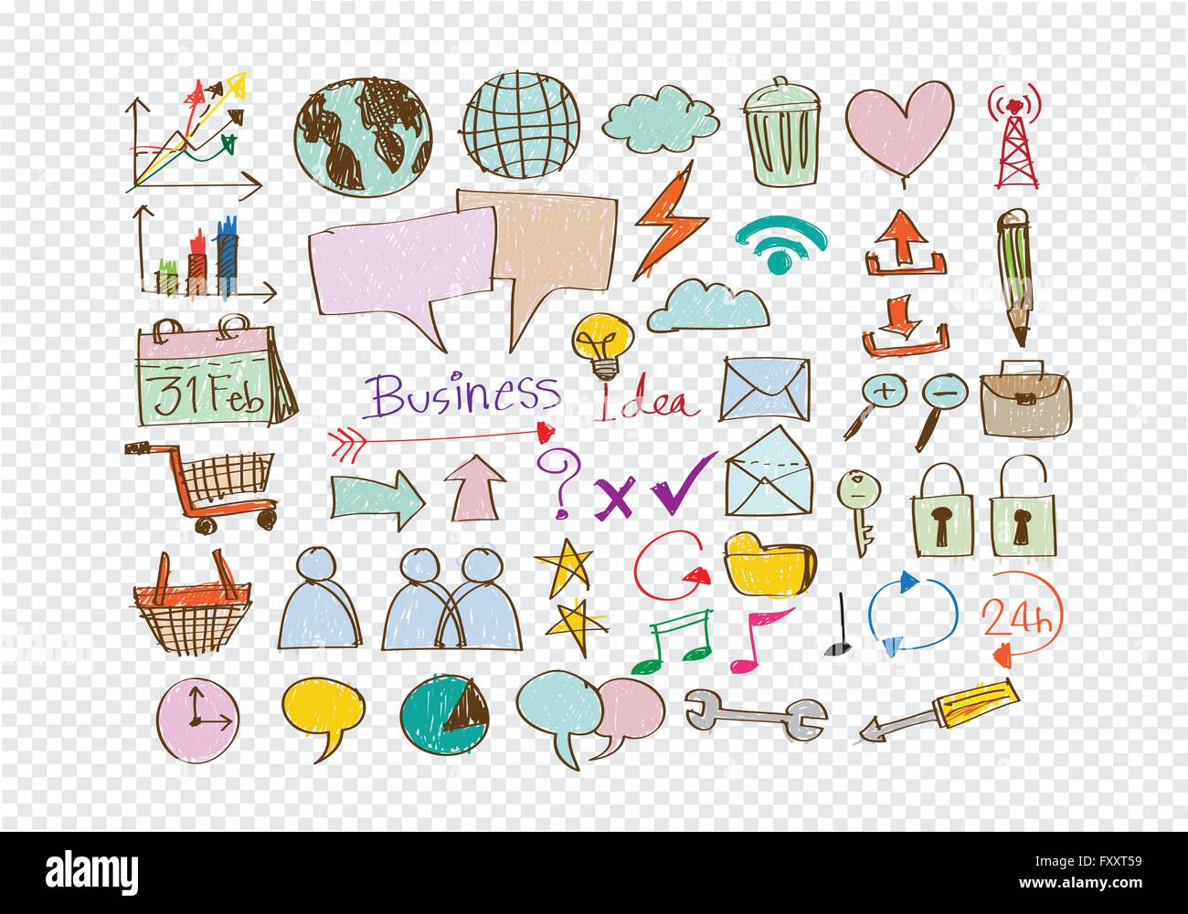 Hand doodle Business icon set idea design on transparent background ...