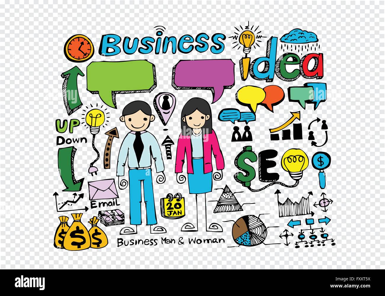 Hand doodle Business icon set idea design on transparent background ...