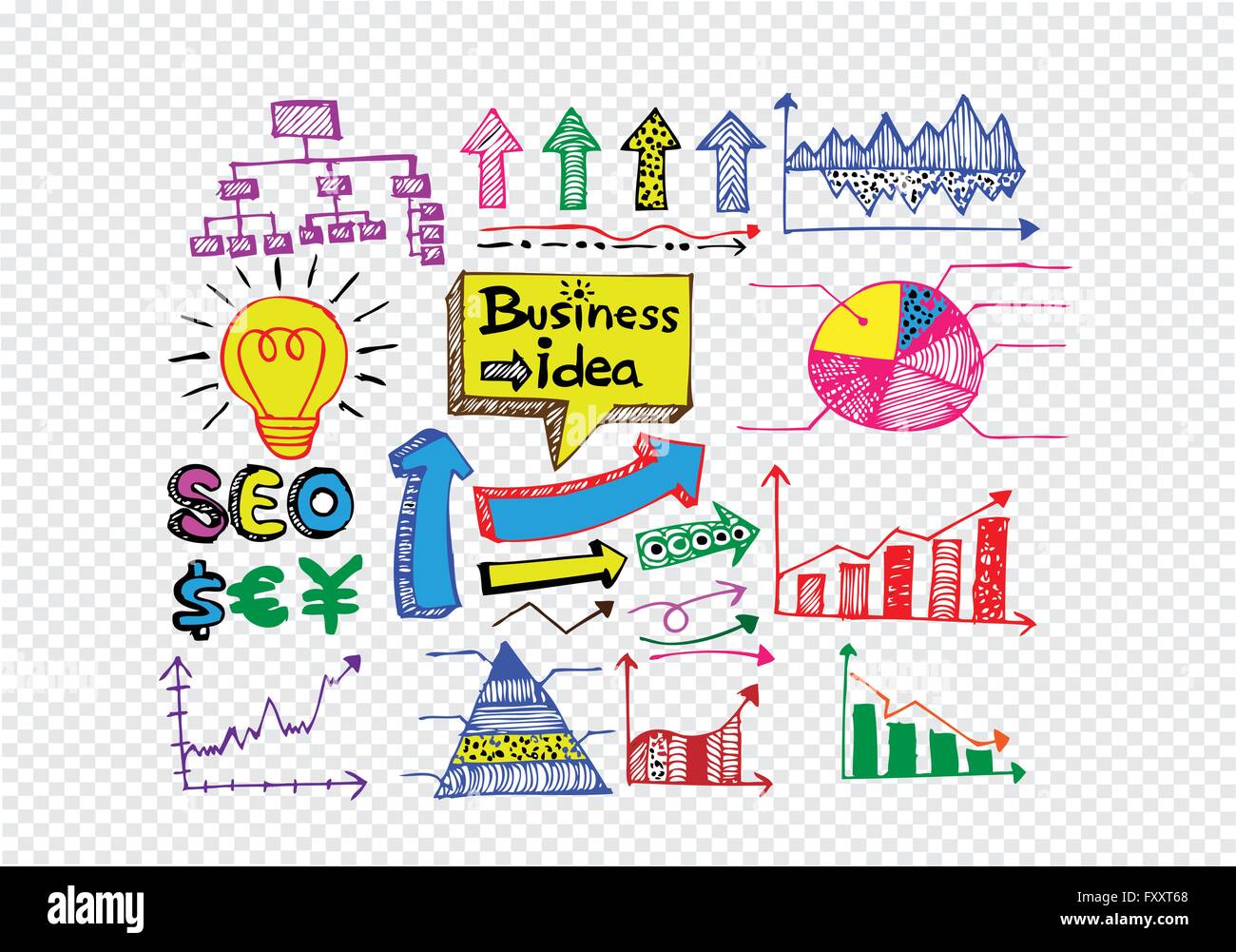 Hand doodle Business icon set idea design on transparent background ...