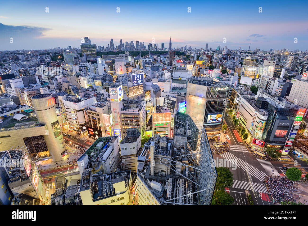 The Shibuya skyline at twilight in Tokyo, Japan. Stock Photo