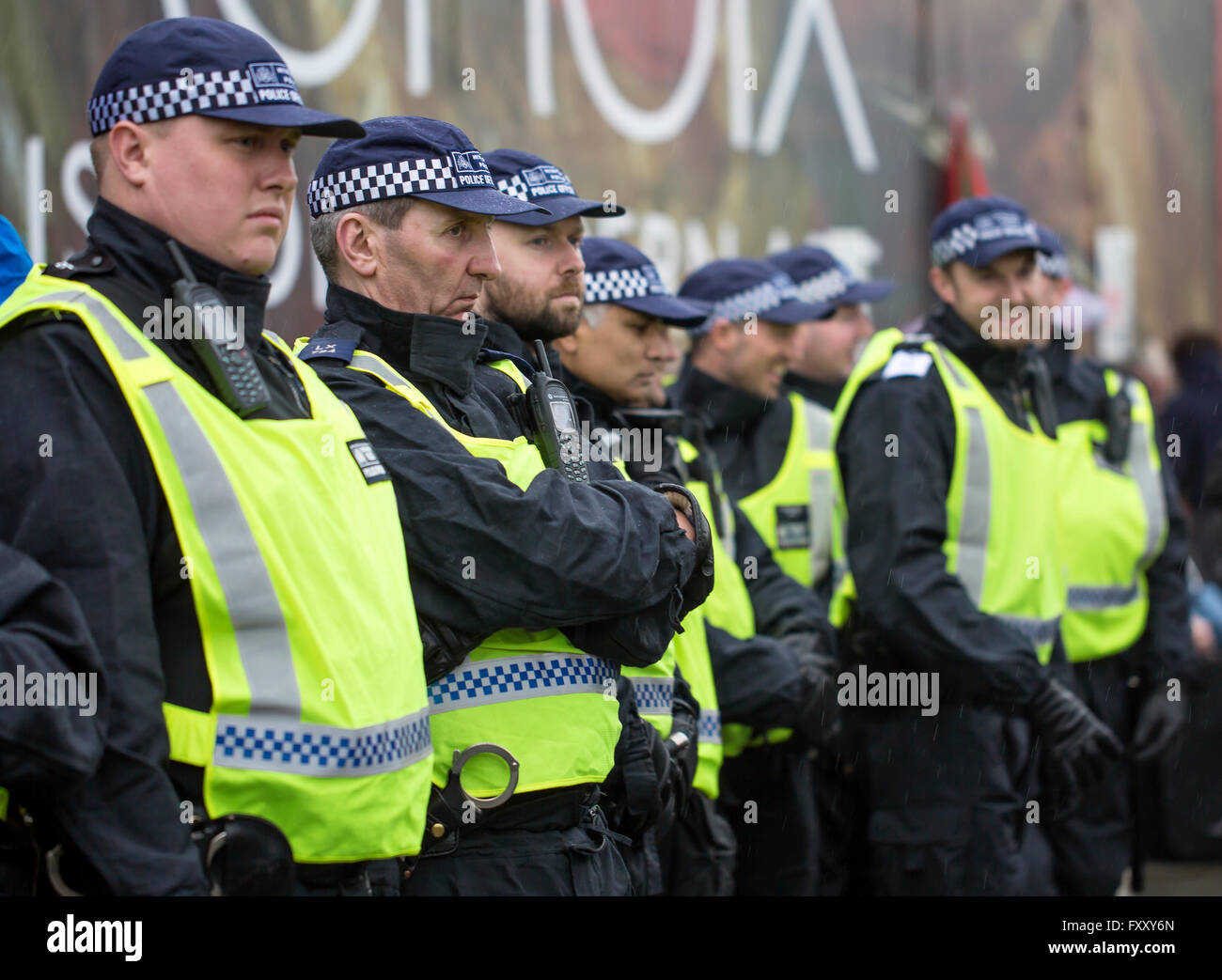 Police were present in large numbers to oversee the anti-austerity march Stock Photo