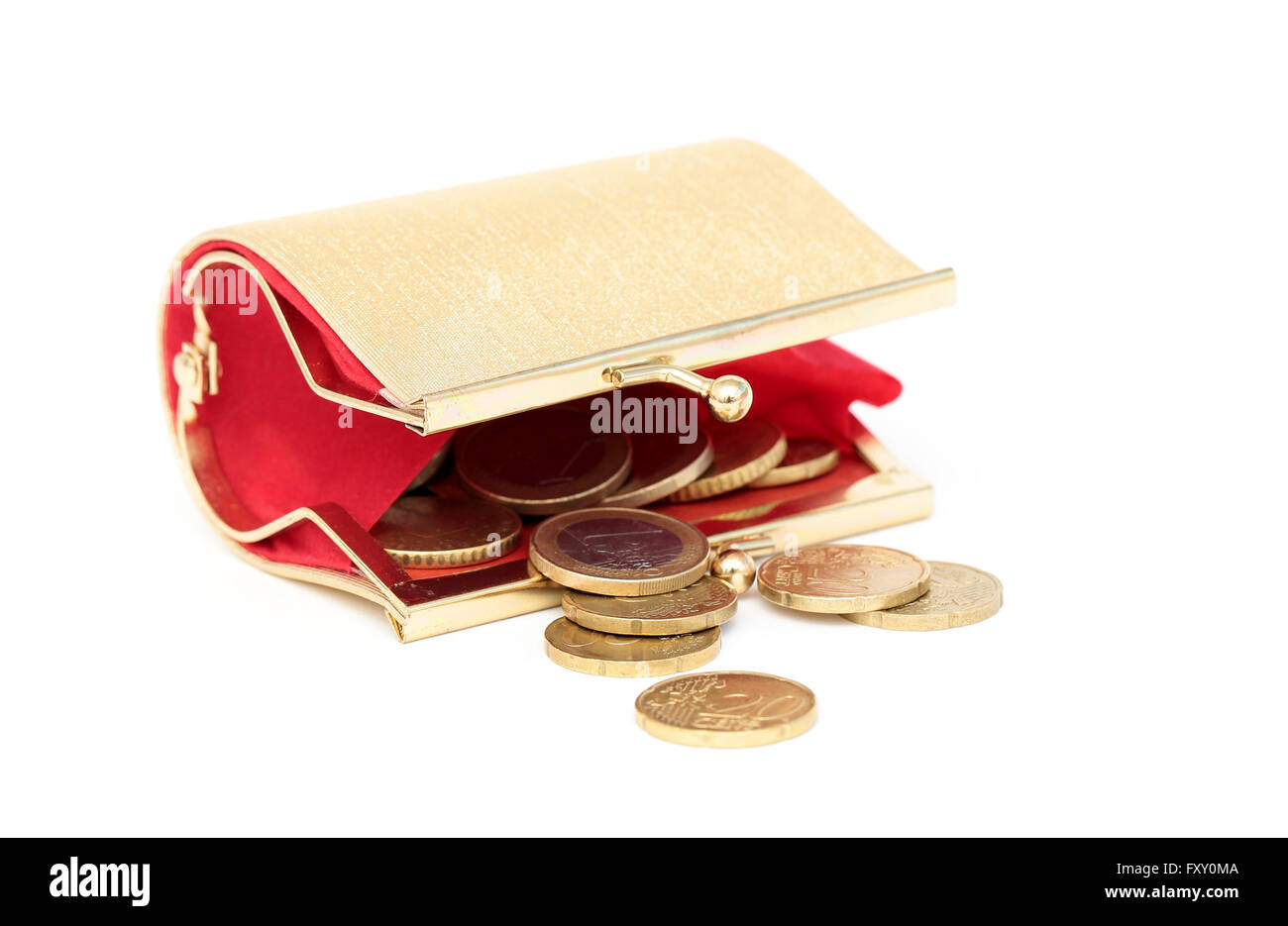 A golden purse filled with euro coins Stock Photo Alamy