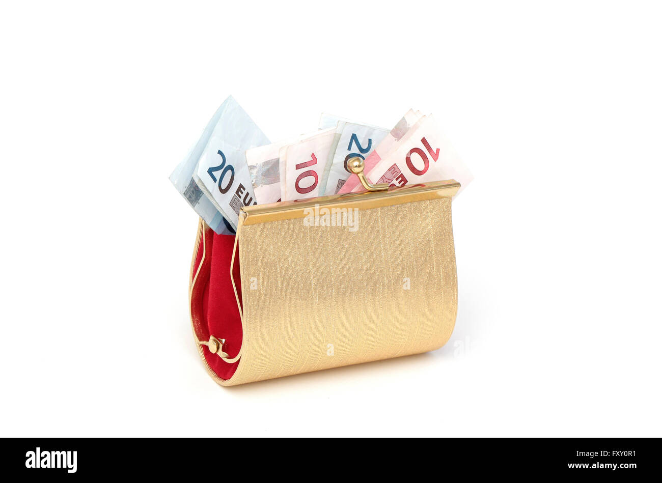 A golden wallet filled with ten and twenty euro notes Stock Photo