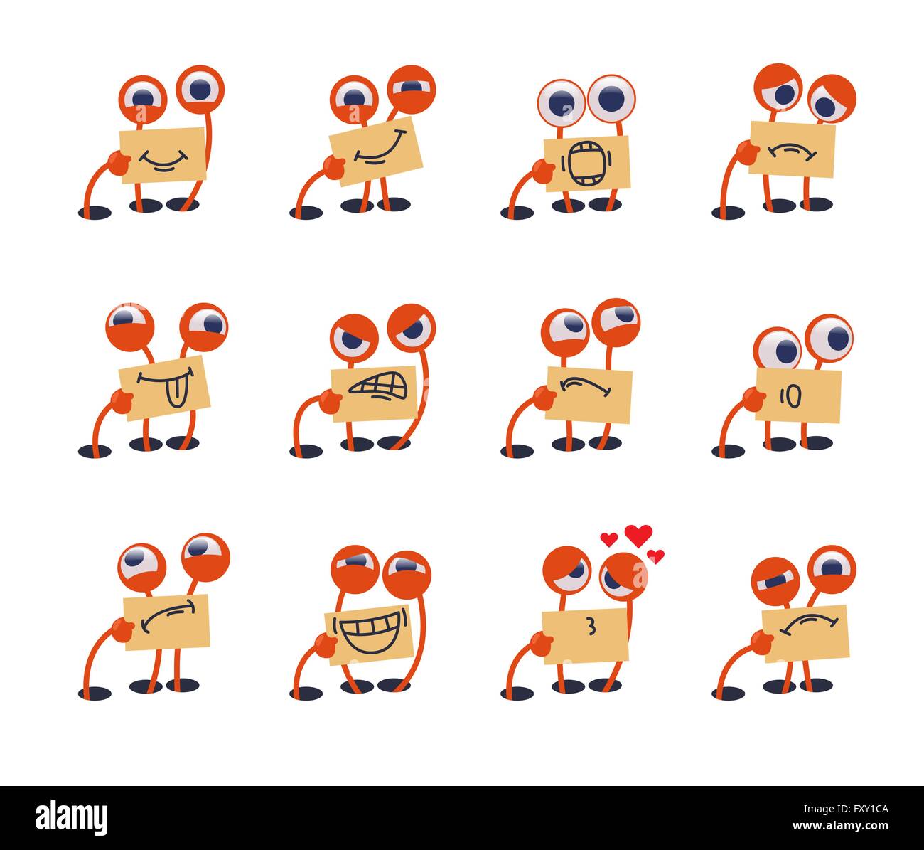 Funny cute monster emoticons set. Big-eyed, one-armed funny monster shows its emotions using drawn mouth. Stock Vector