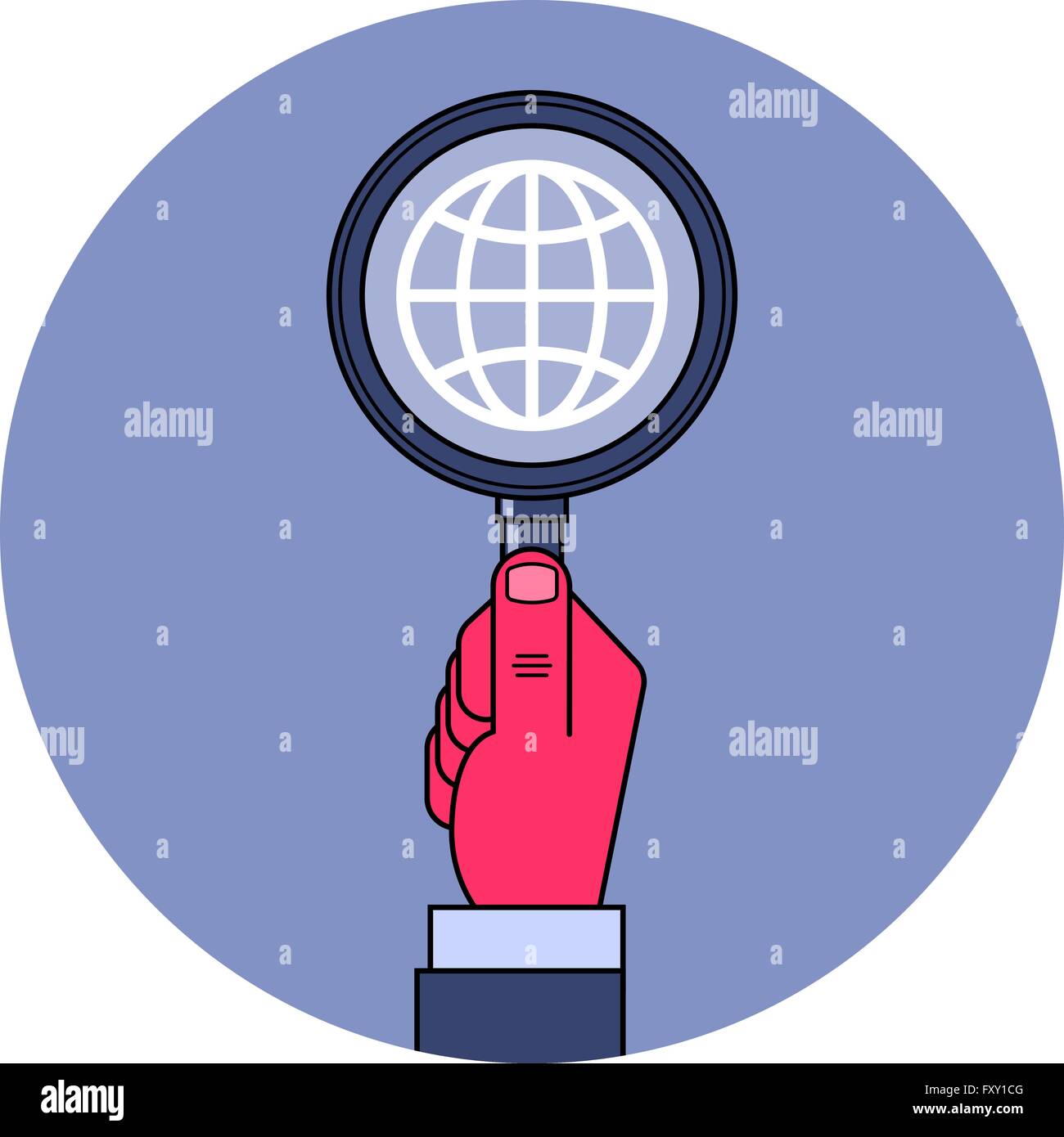 Global research. Male hand holding magnifying glass with globe symbol