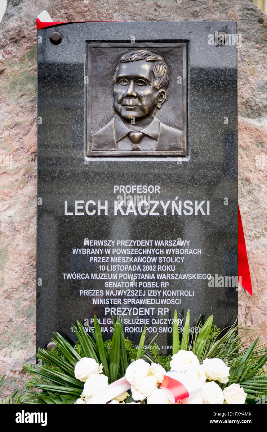 Controversial commemorative plaque to Lech Kaczynski, late President of Poland, Warsaw, Poland Stock Photo
