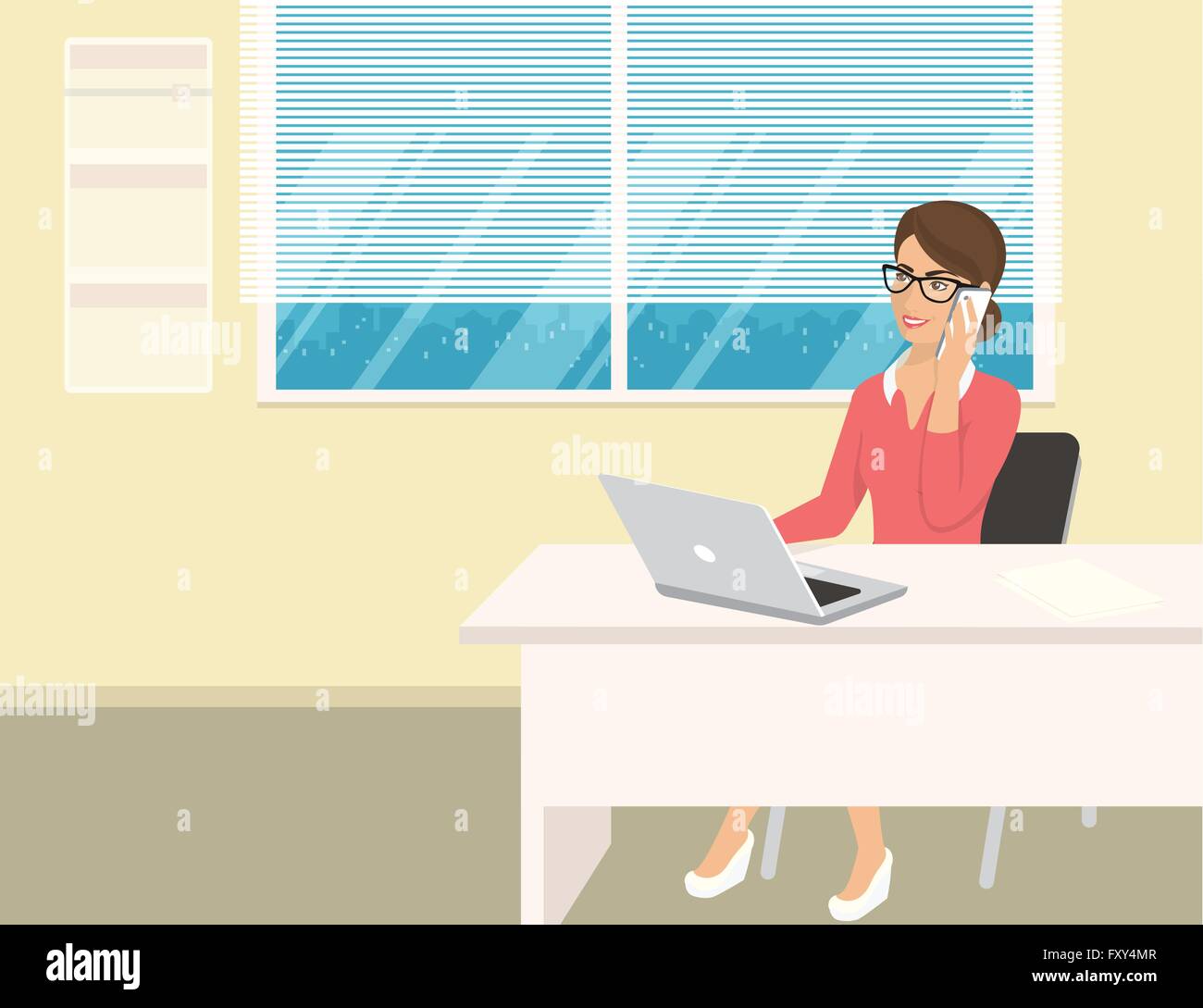 Business woman wearing rose shirt sitting in the office and talking by cellphone Stock Vector