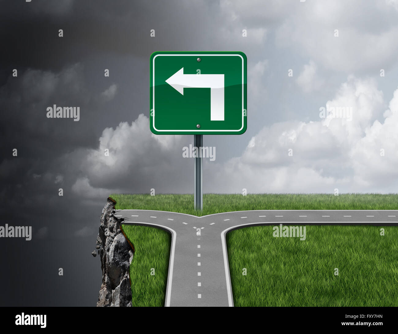 Bad business advice concept as a path with a 3D illustration fork in the road falsely guiding off a cliff as a metaphor for incompetent or fraudulent financial consultation or mismanagement direction. Stock Photo