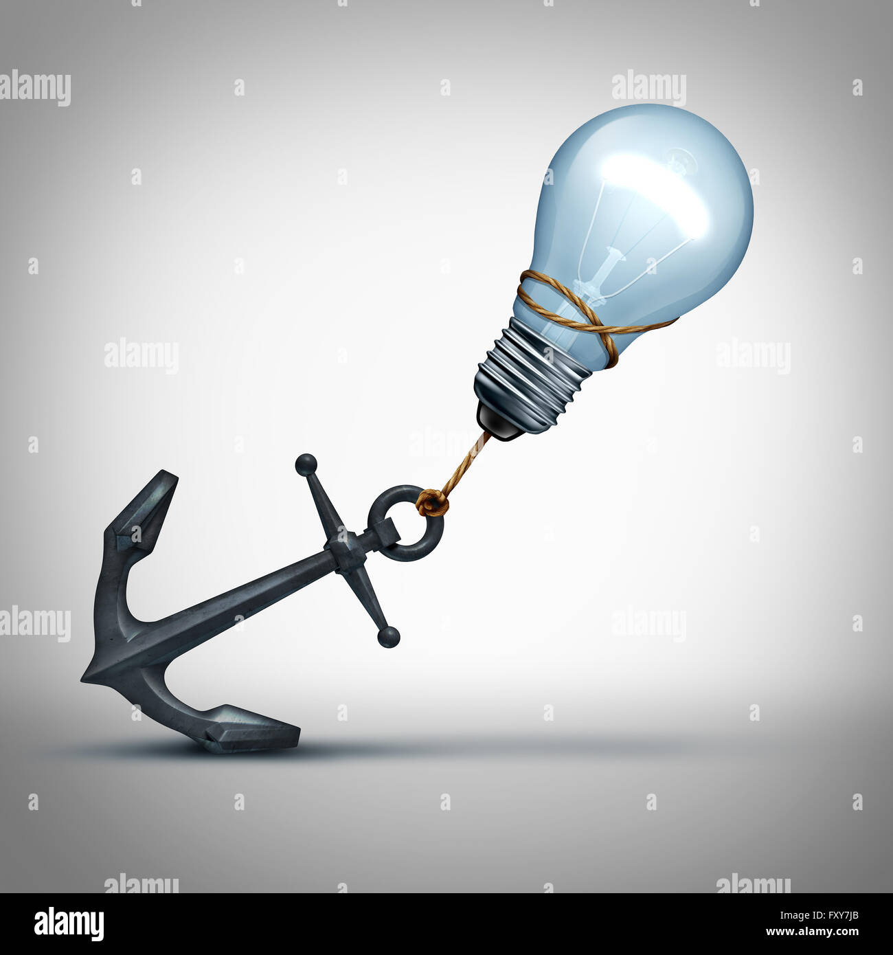 Idea trouble concept as a light bulb pulling a heavy anchor as a creative struggle and problem metaphor for overcoming thinking Stock Photo