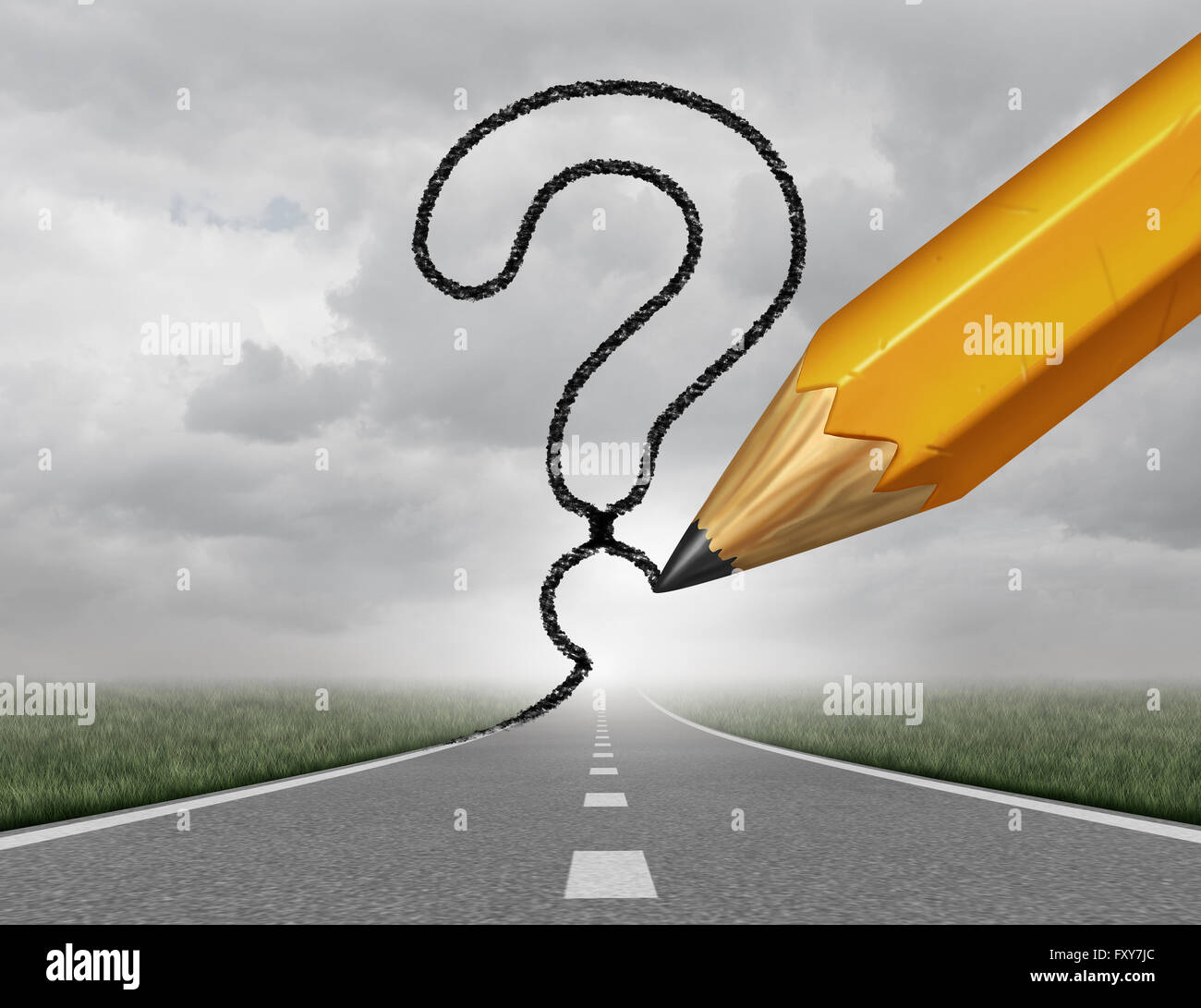Business path questions road to change and corporate career pathway as a rising highway with a 3D illustration pencil drawing a Stock Photo