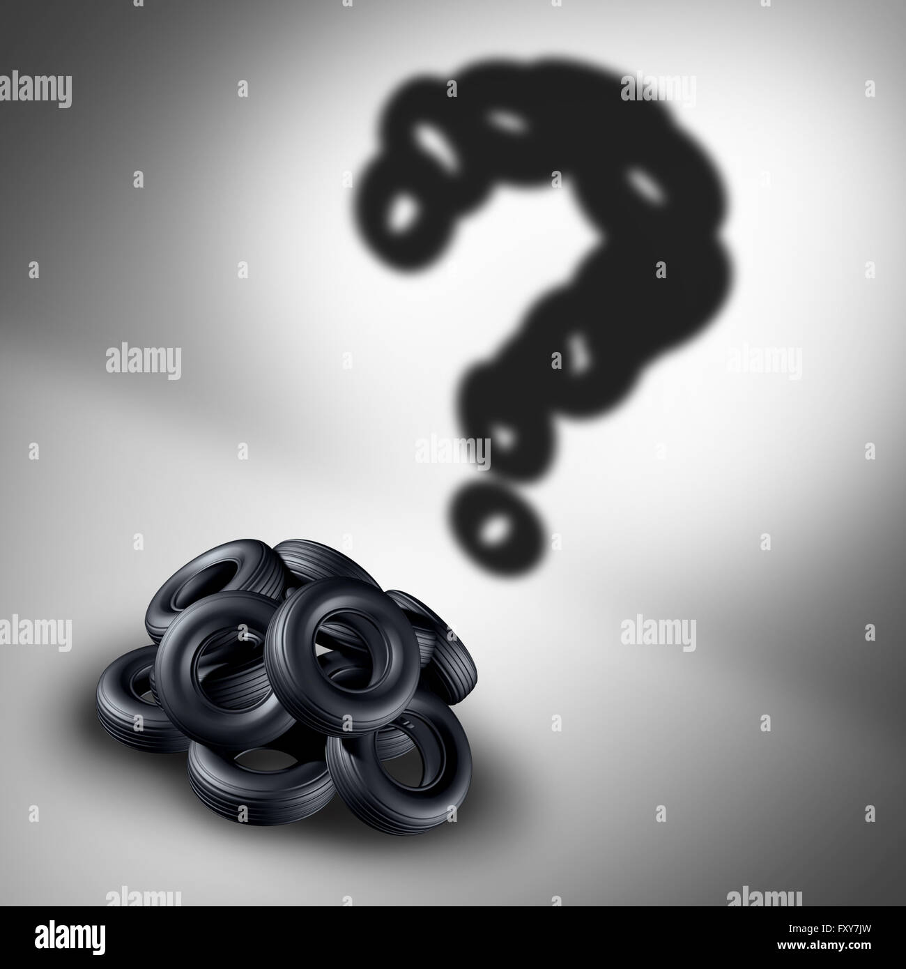 Tire and tyre questions car concept as a group of rubber wheels casting a shadow shaped as a question mark as an auto mechanic repair symbol on a white background as a 3D illustration transportation information icon. Stock Photo