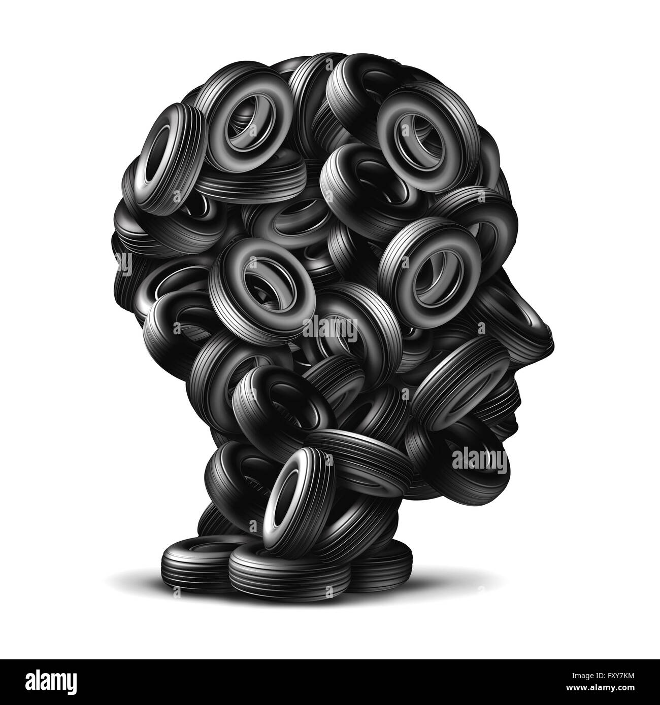 Car tire concept as a group of rubber wheels shaped as a human head as an auto mechanic repair symbol on a white background as a 3D illustration transportation icon. Stock Photo