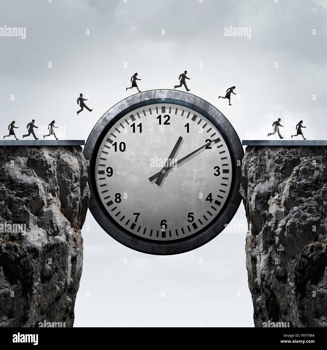 Business time concept as a group of running businessmen and businesswomen using a giant clock to cross over a cliff as a bridge Stock Photo