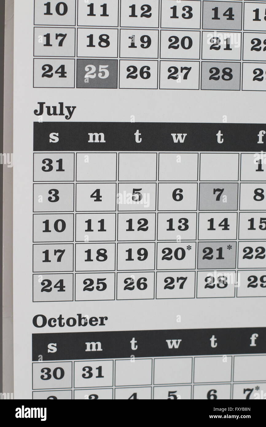 July Monthly Calendar Weekly Date Stock Photos July Monthly - 