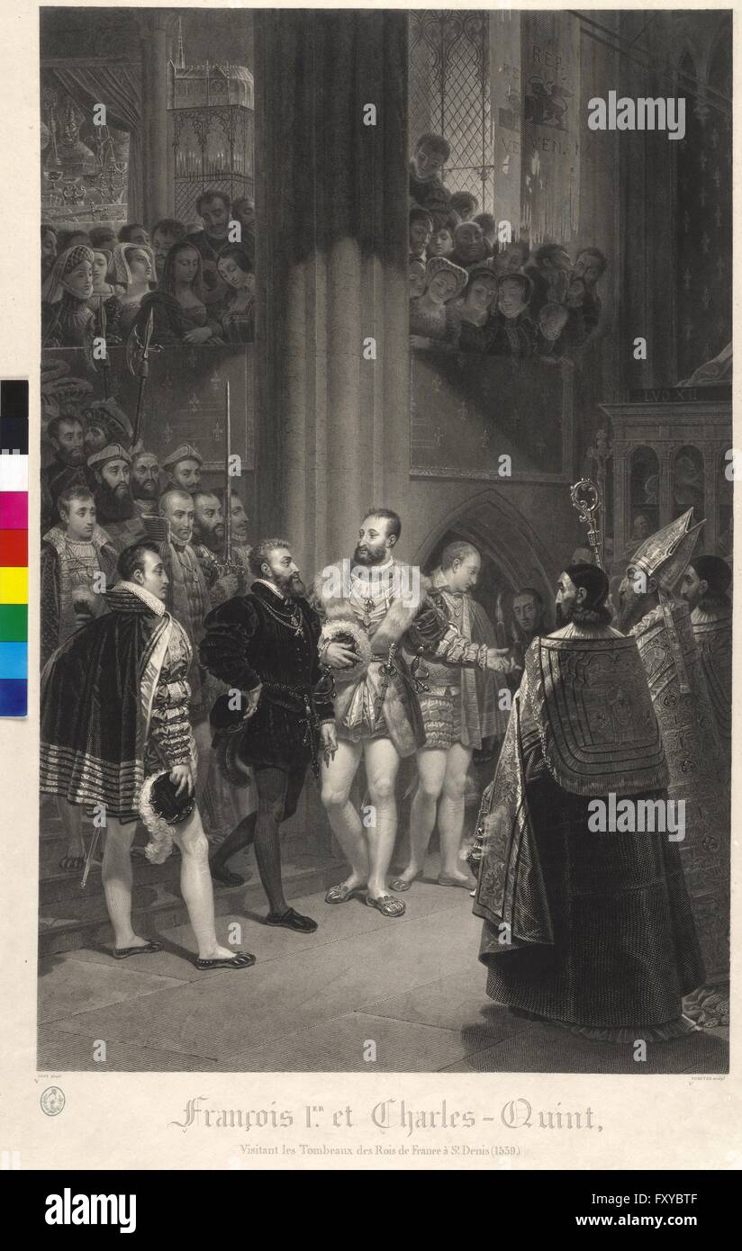 Franz I., König von Frankreich und Karl V., römisch-deutscher Kaiser besuchen 1539 die Königsgräber in Saint-Denis Stock Photo