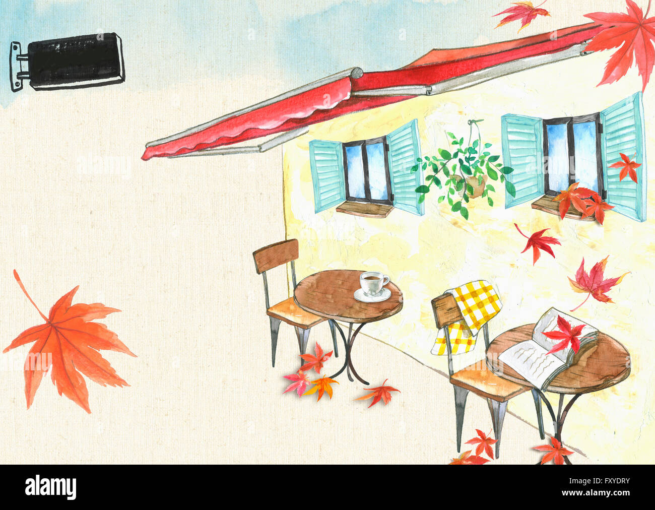 Watercolor background of calendar with open-air cafe in fall Stock Photo