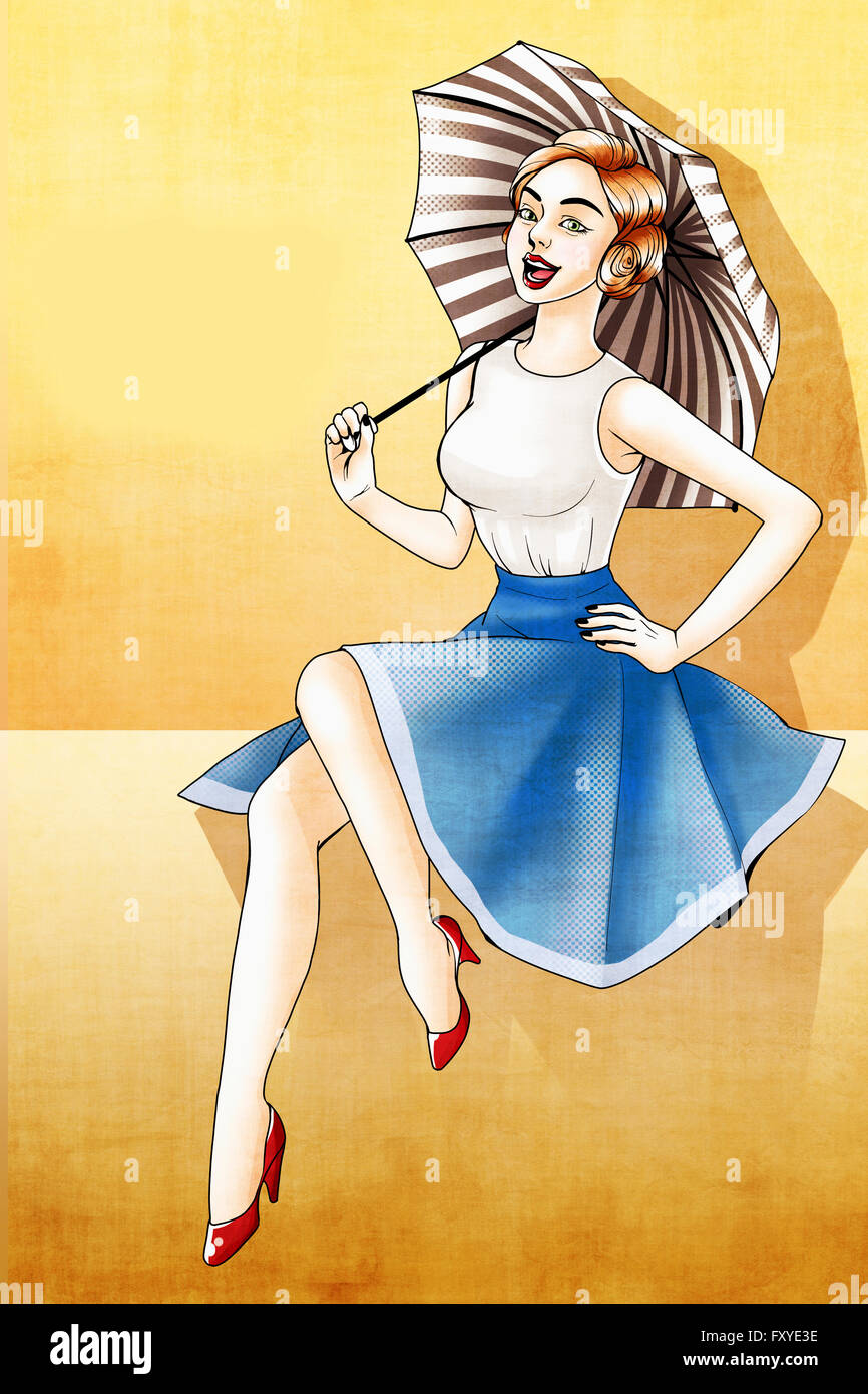 Young smiling woman in retro style posing with an umbrella Stock Photo ...