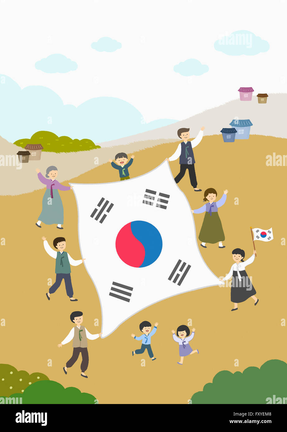 Background of National Liberation Day of Korea with people holding Taeguk flag Stock Photo Alamy
