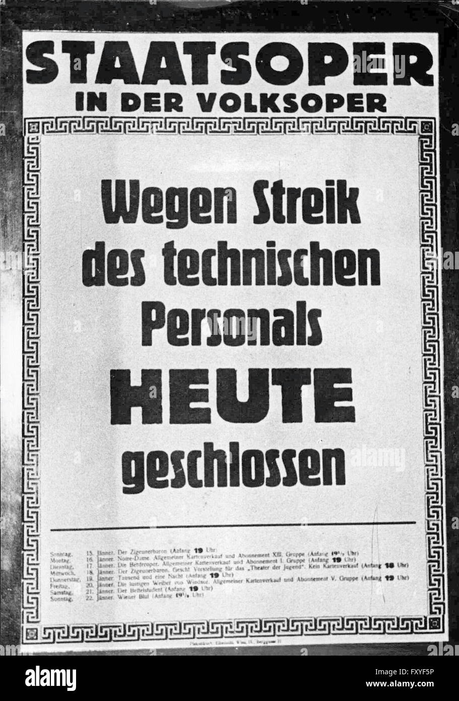 Streik in der Staatsoper, Plakat 'Wegen Streik ... Stock Photo