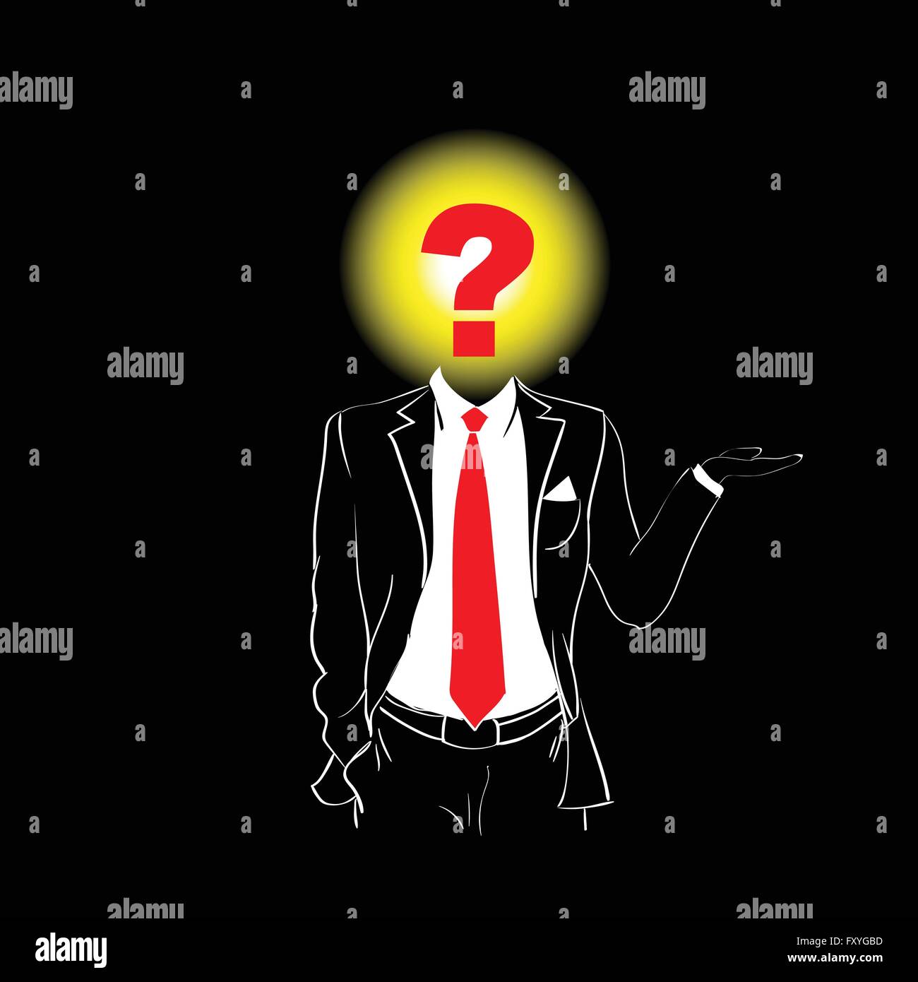 Nét lịch lãm của một người đàn ông đeo suit và cà vạt đỏ được nói lên bởi biểu tượng dấu hỏi trên đầu trên nền đen. Một hình ảnh đầy quyến rũ và bí ẩn đang chờ bạn khám phá.