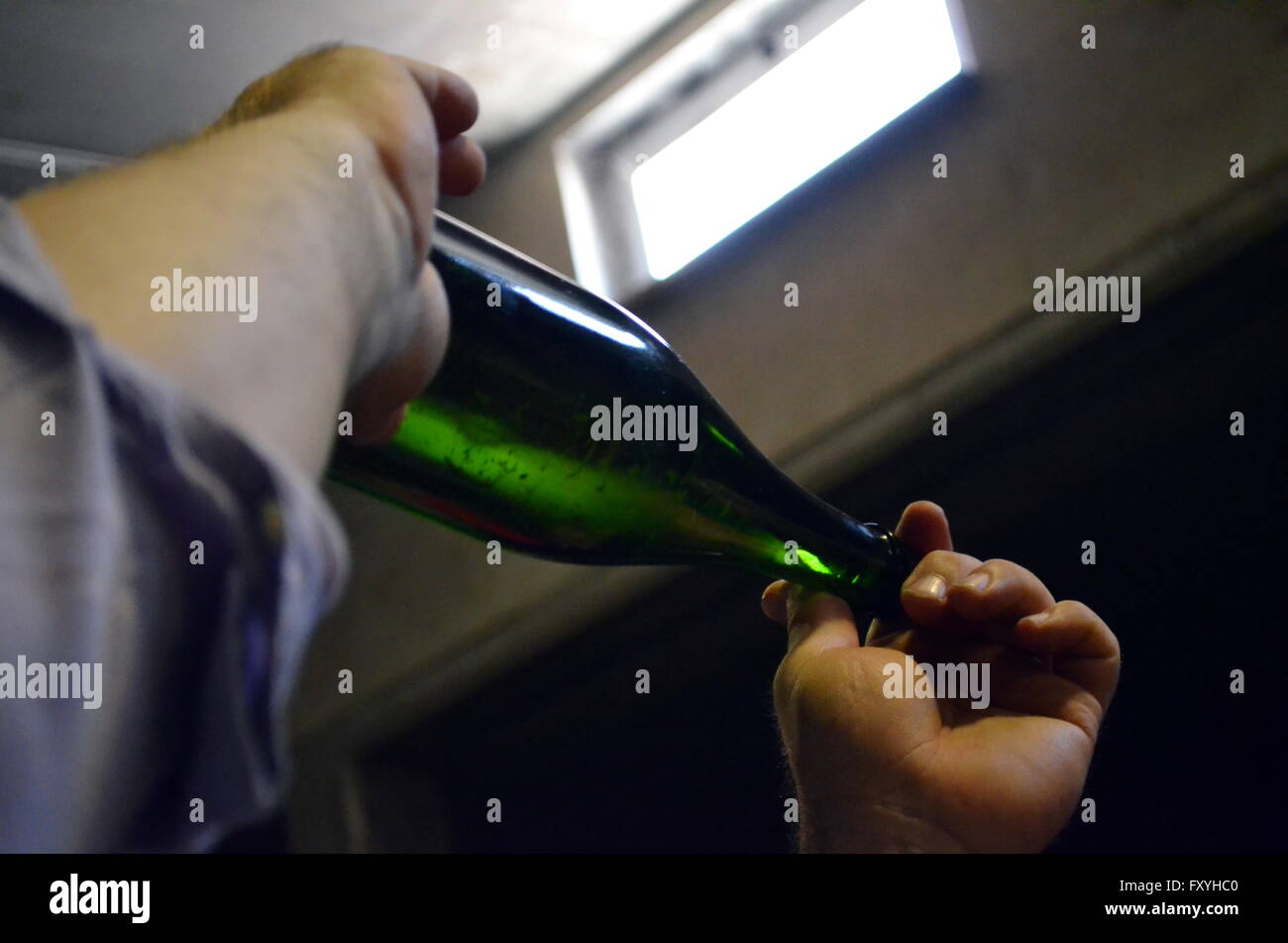 bottle of wine in yeasts for fermentation Stock Photo Alamy