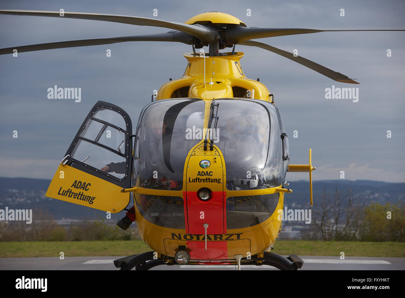 ADAC rescue helicopter Eurocopter EC 135 starting, air rescue, emergency, Germany Stock Photo