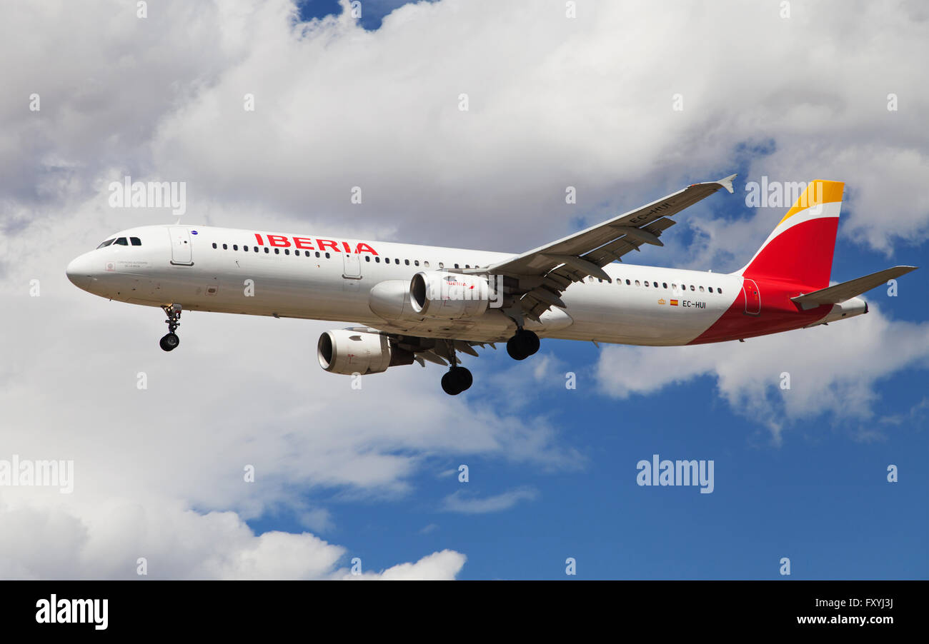 Iberia Airbus A321 approaching to El Prat Airport in Barcelona, Spain. Stock Photo