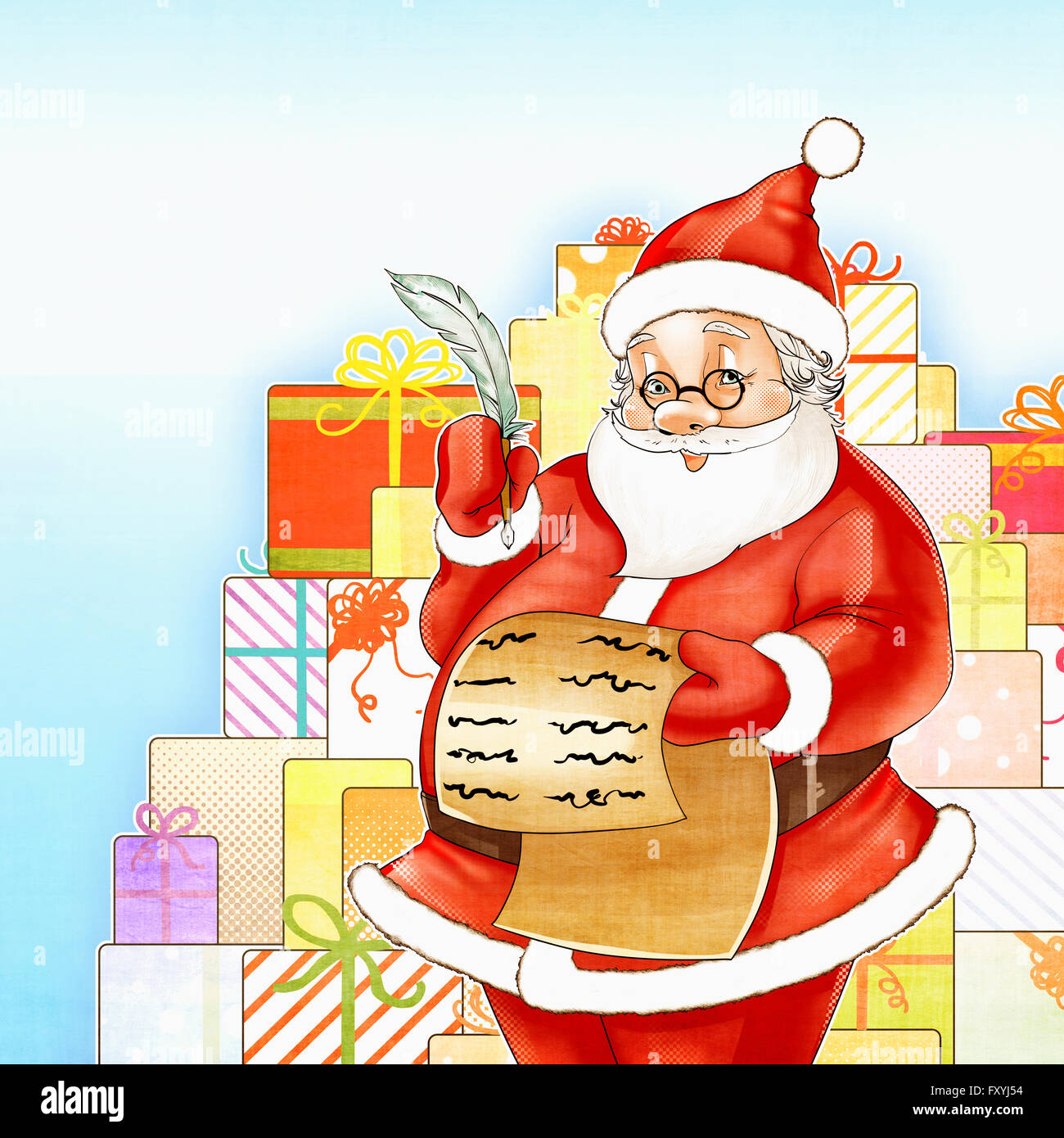 Santa holding a list with stacked present boxes Stock Photo - Alamy