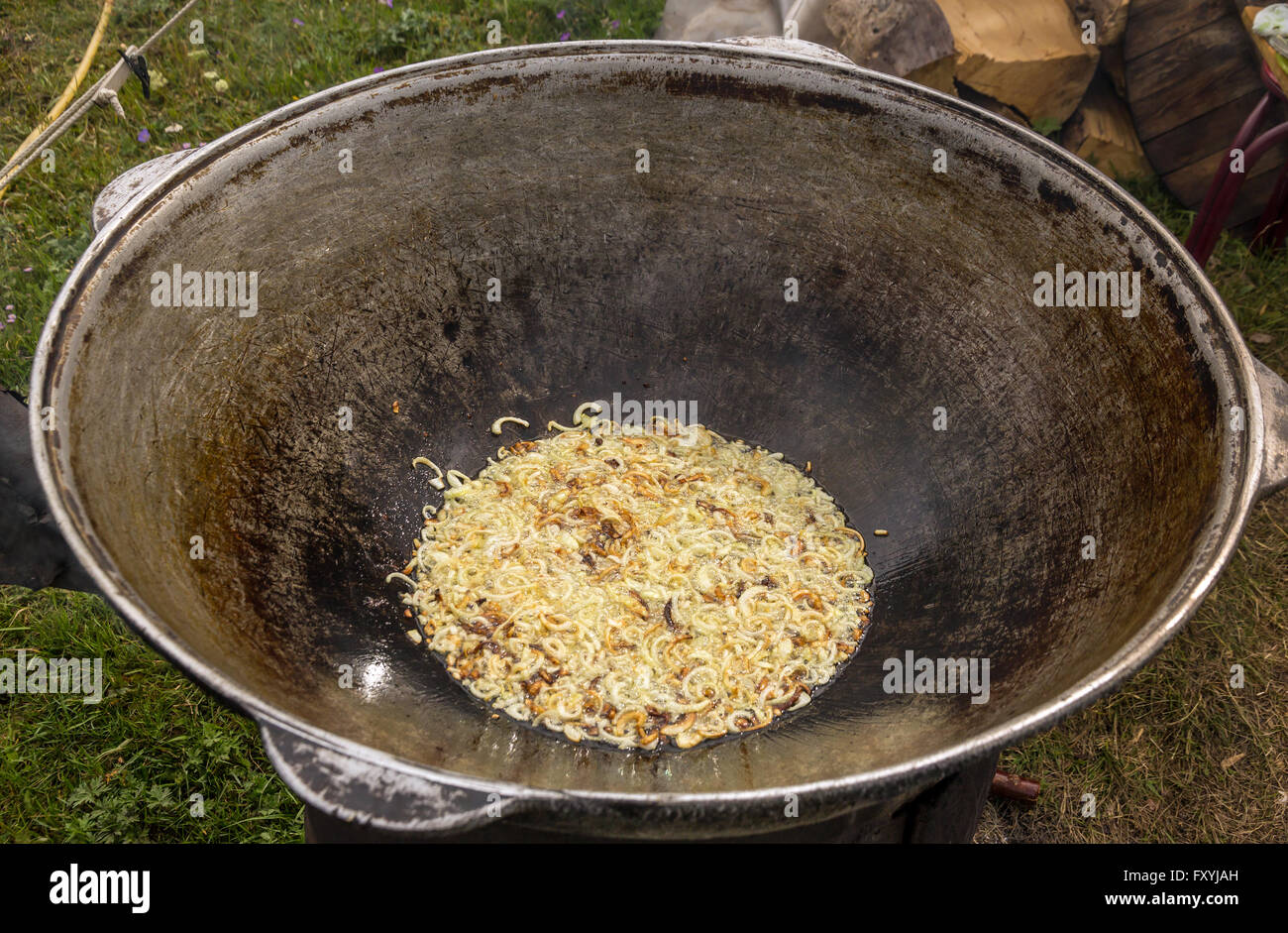 Cooking in Vintage Large Pan Stock Photo Alamy