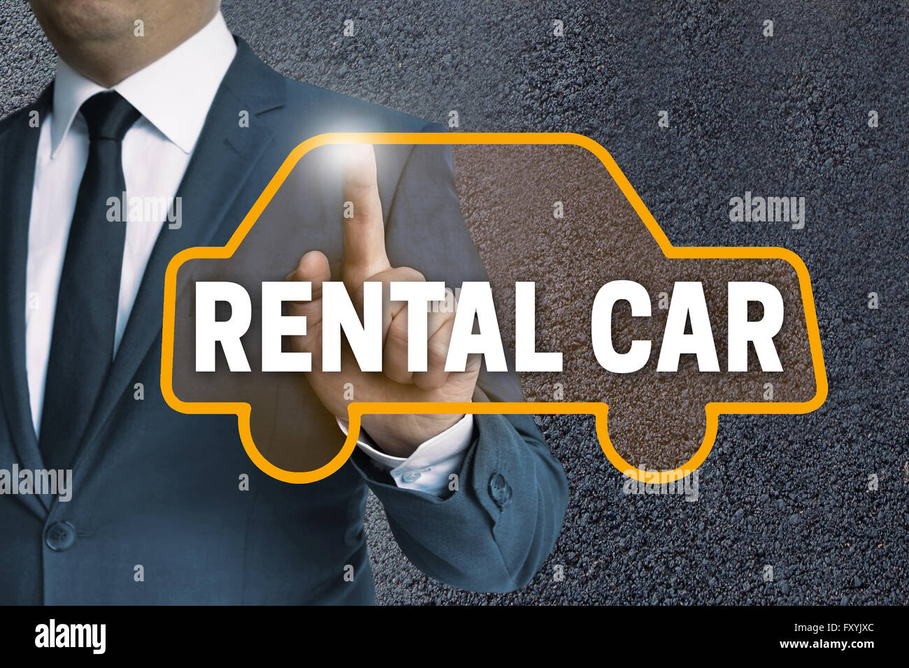 rental car car touchscreen is operated by businessman concept. Stock Photo
