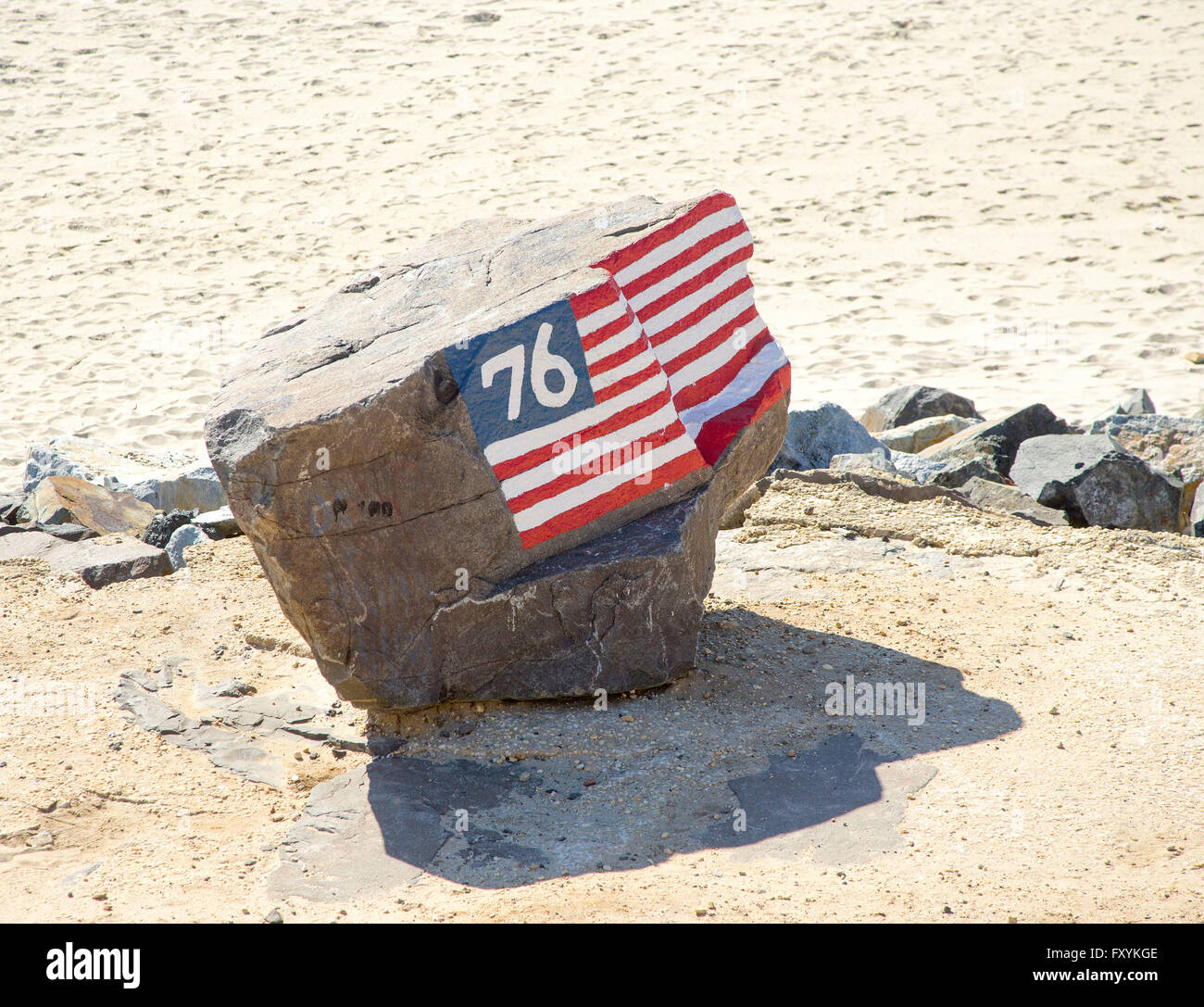 Rock with American flag in Long Branch, New Jersey Stock Photo